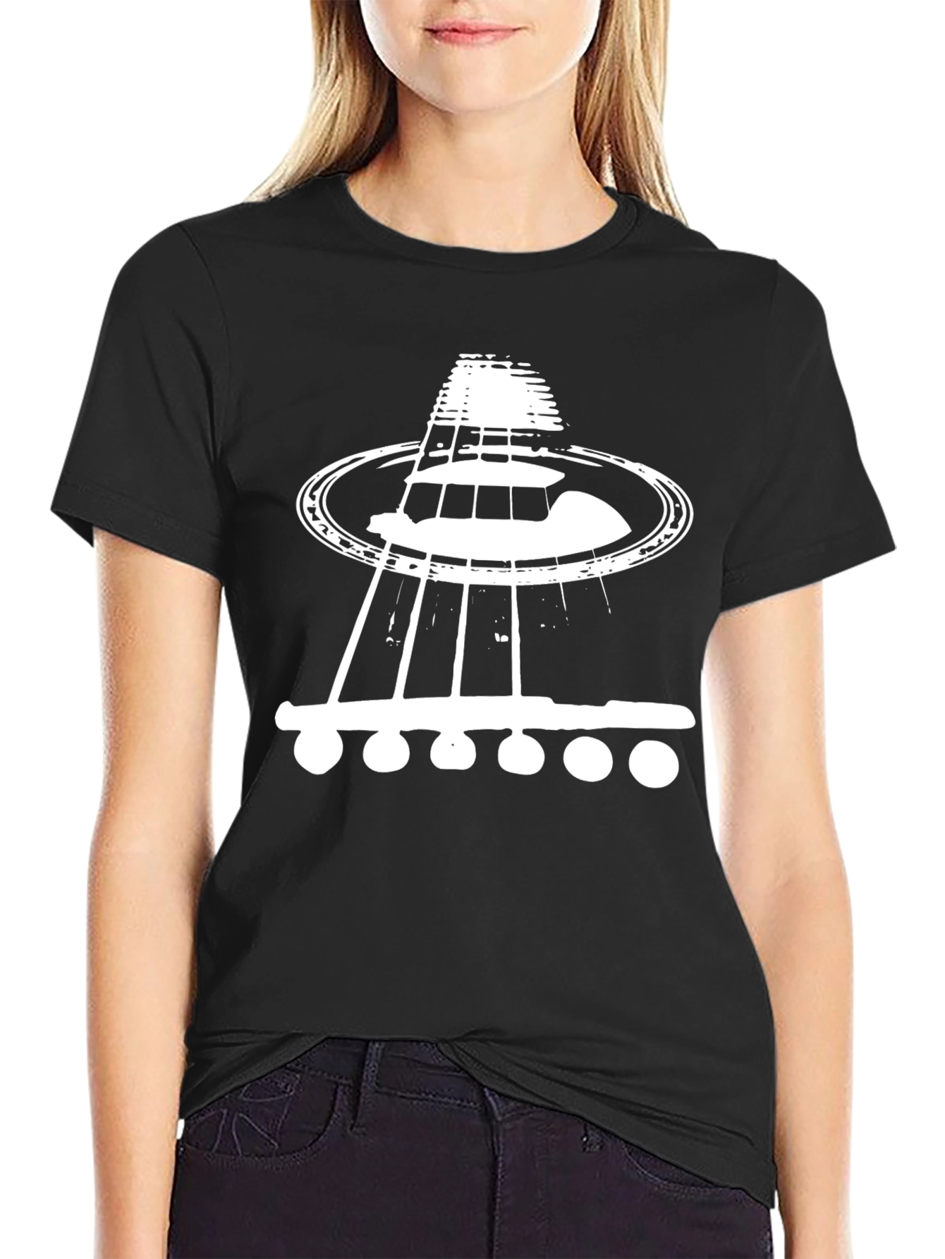 Black Guitar UFO T-Shirt: Unique Music Lover's Tee view 2