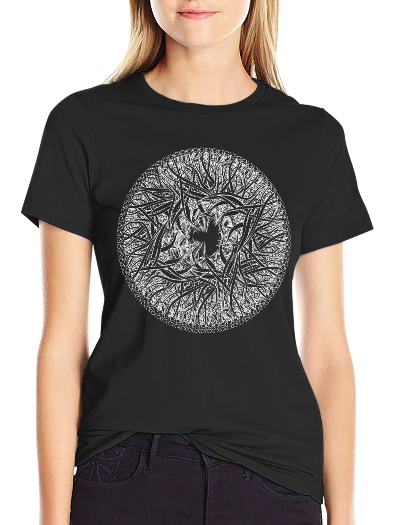 Black Abstract Circular Design Black T-Shirt view 2
