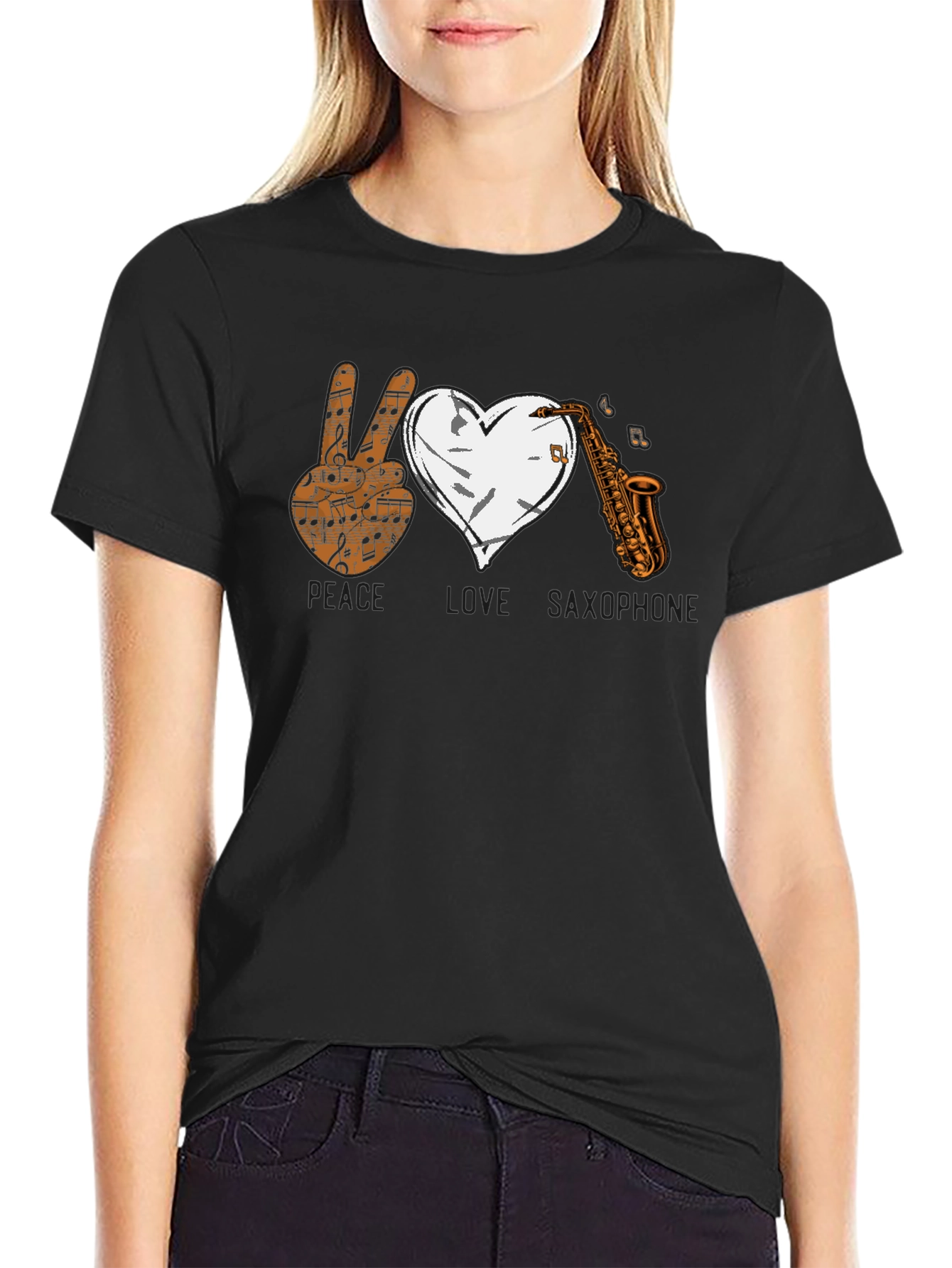 Black Peace Love Saxophone Graphic T-Shirt view 2