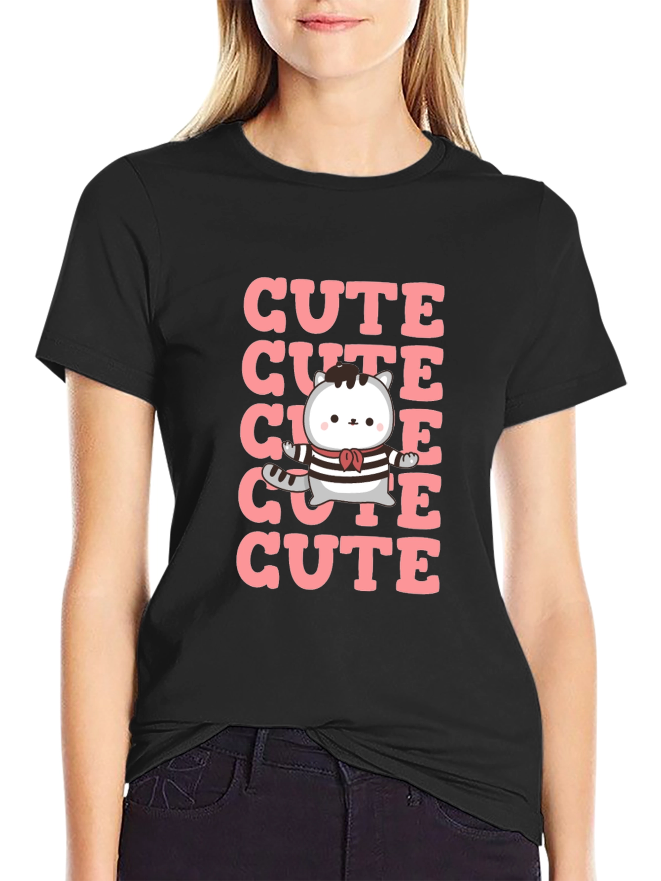 Black Cute Cat T-Shirt - Kawaii Kitten Design view 2