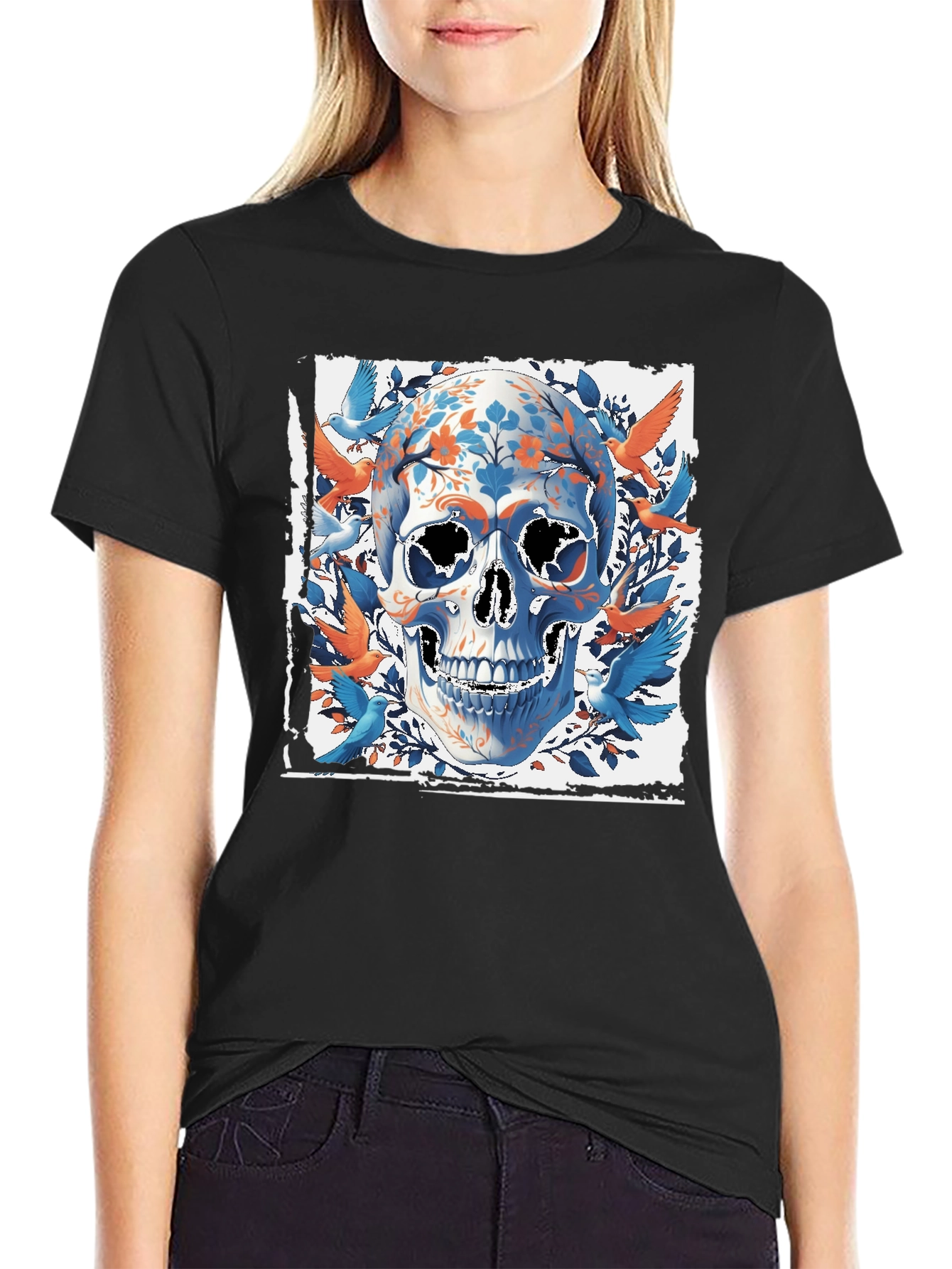 Black Floral Skull & Birds Graphic Tee - Unique Design view 2