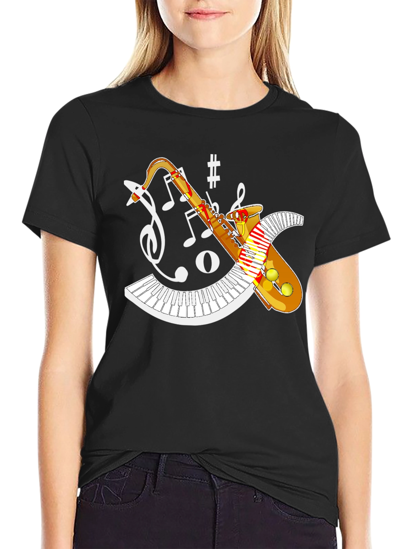Black Saxophone Music Notes T-Shirt view 2