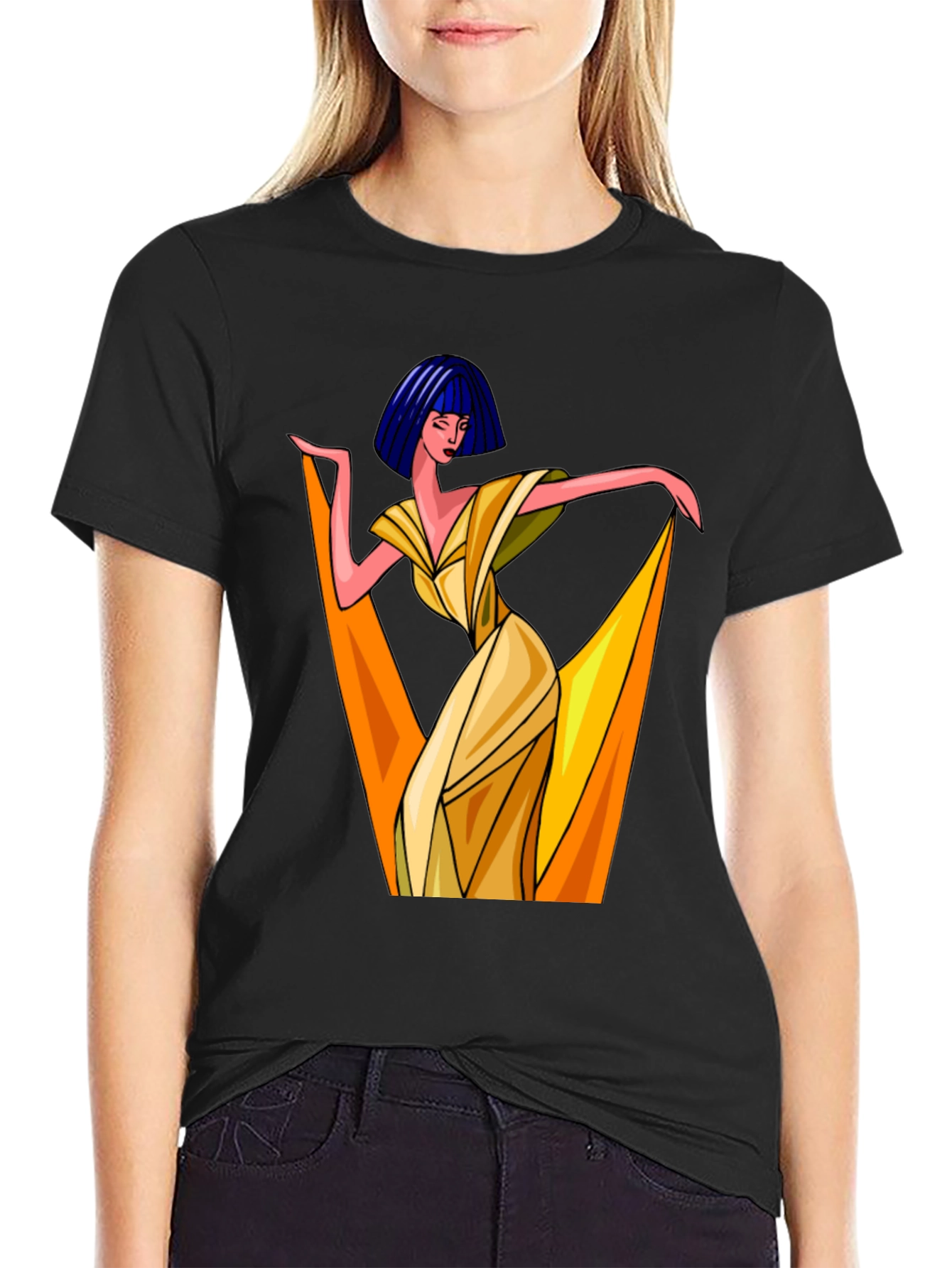 Black Art Deco Woman Graphic Tee - Stylish Black T-Shirt view 2