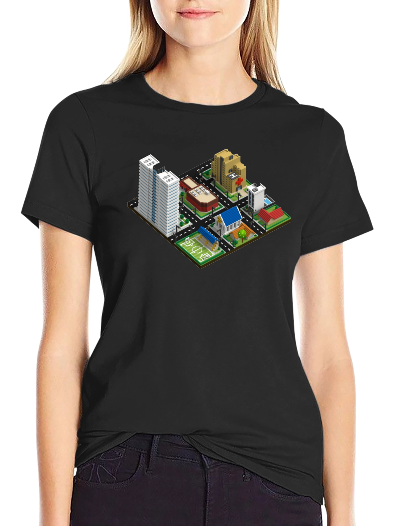 Black Isometric Cityscape Graphic Tee - Black Cotton T-Shirt view 2