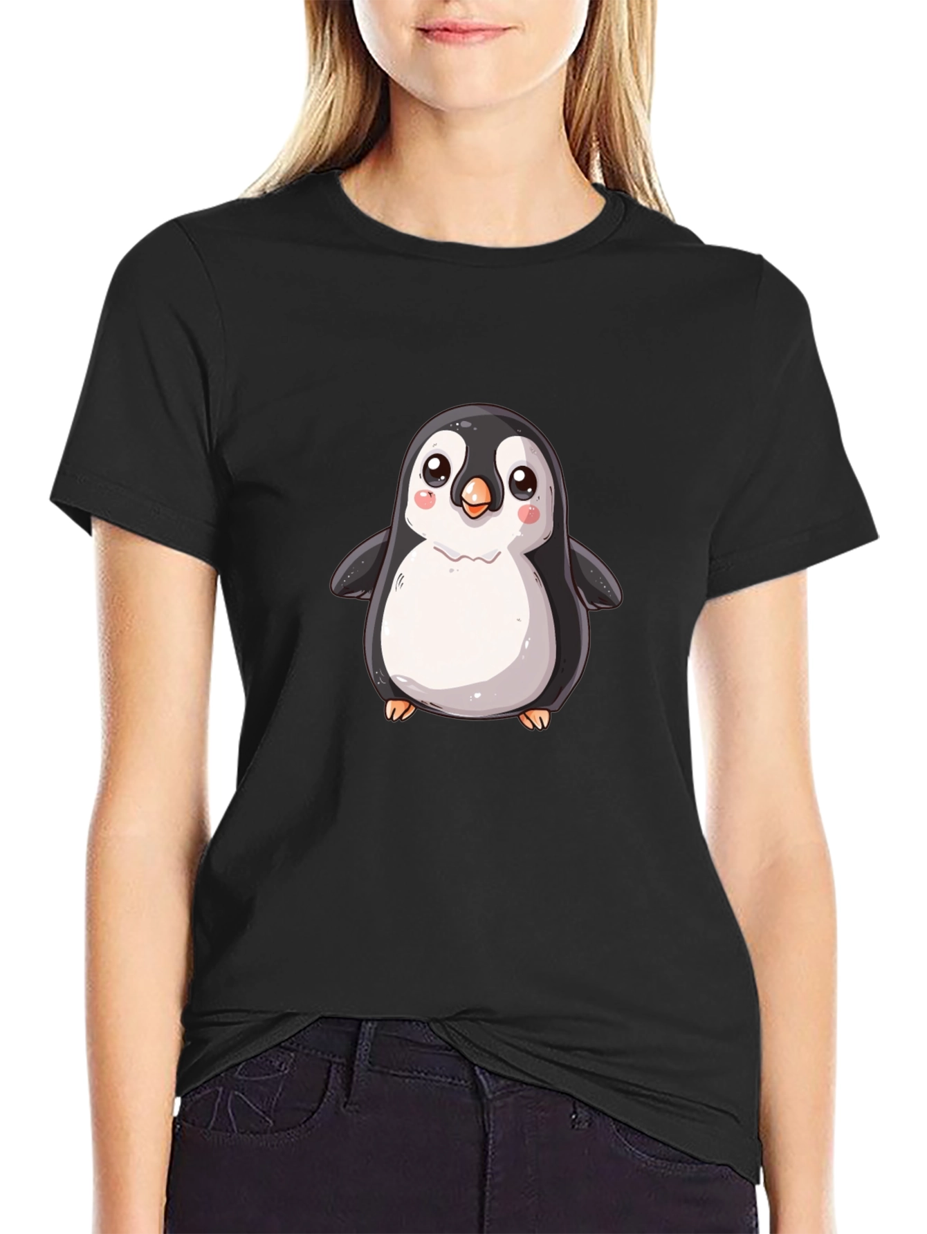 Black Cute Cartoon Penguin Black T-Shirt view 2