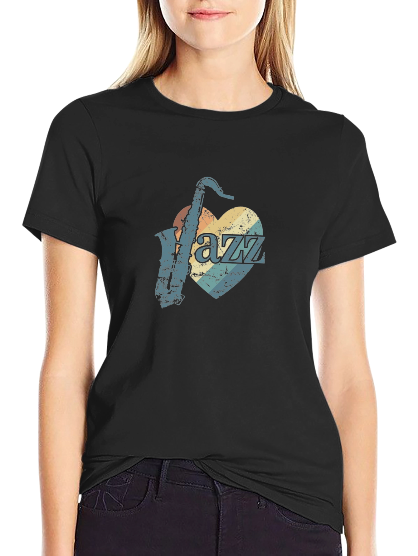 Black Vintage Jazz Saxophone Heart Graphic Tee - Black view 2