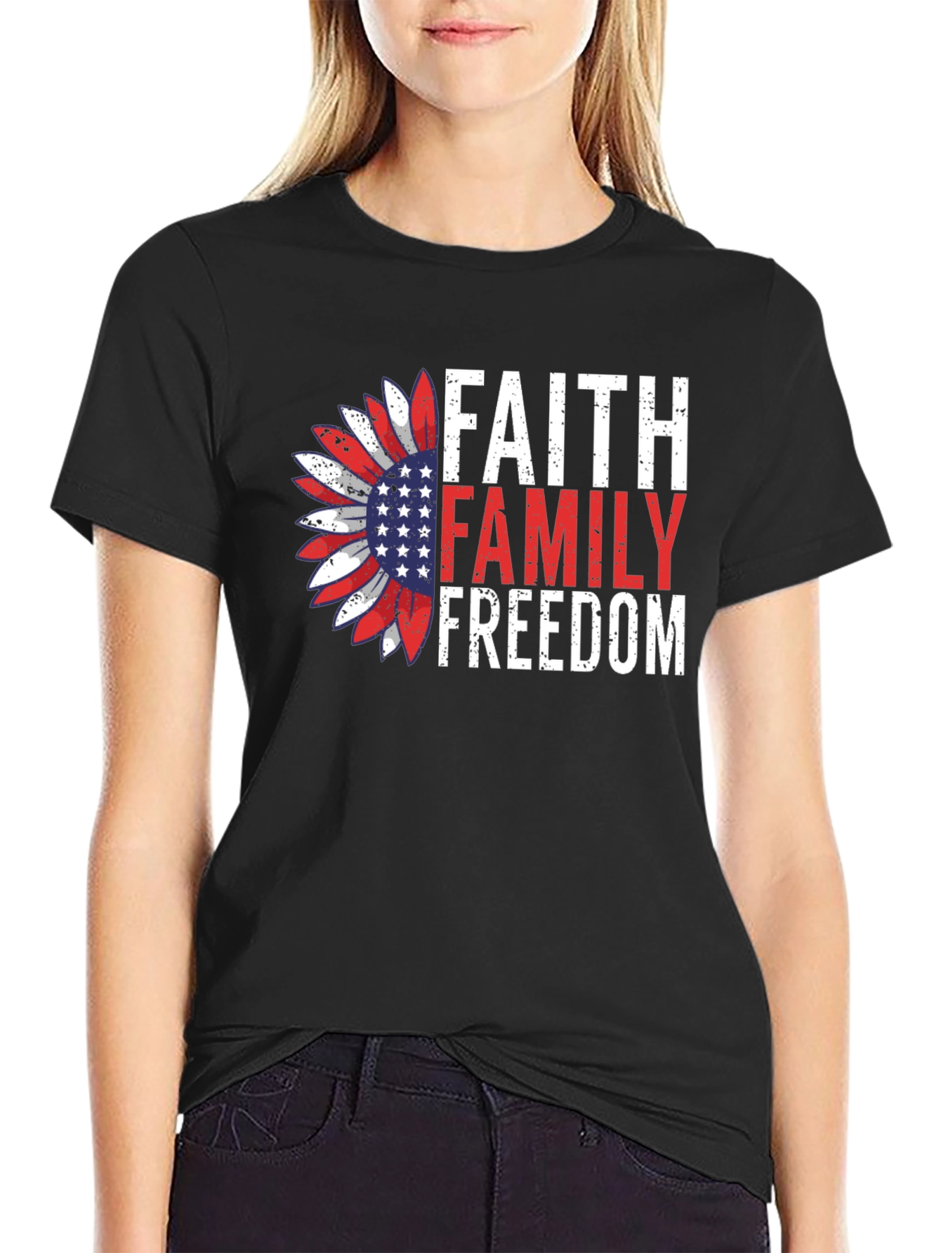 Black Faith Family Freedom Graphic Tee - Patriotic Sunflower Design view 2