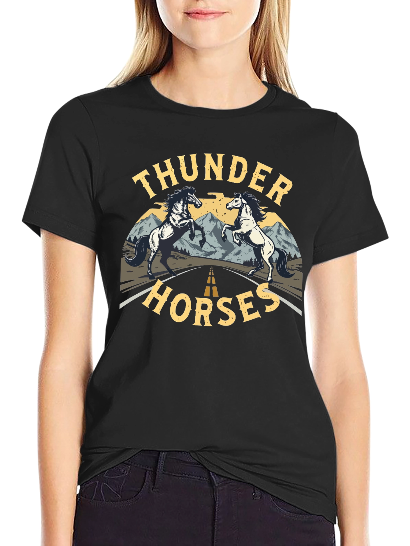 Black Thunder Horses Black Graphic T-Shirt view 2
