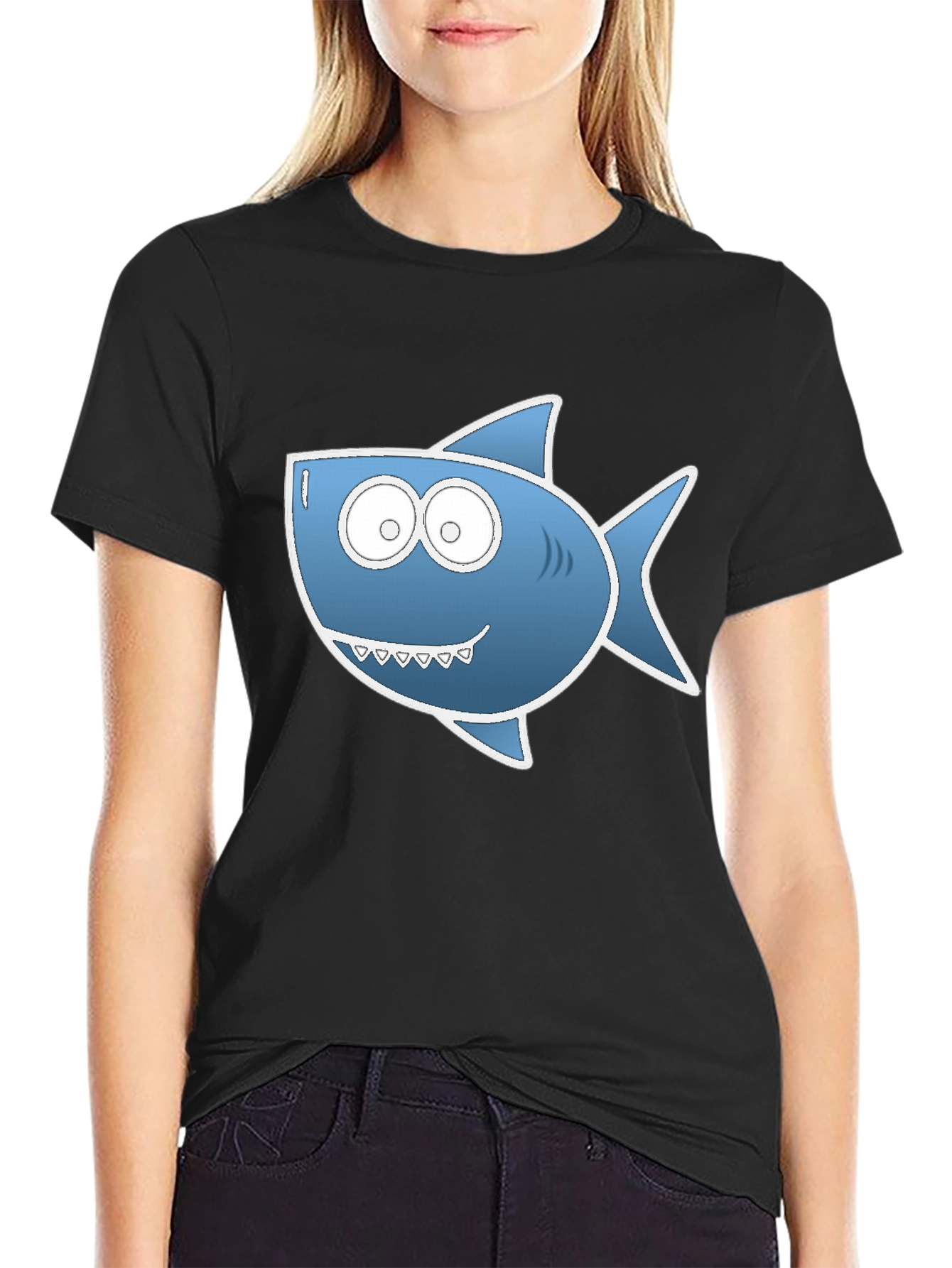 Black Cartoon Shark Graphic Tee - Black Cotton Blend view 2