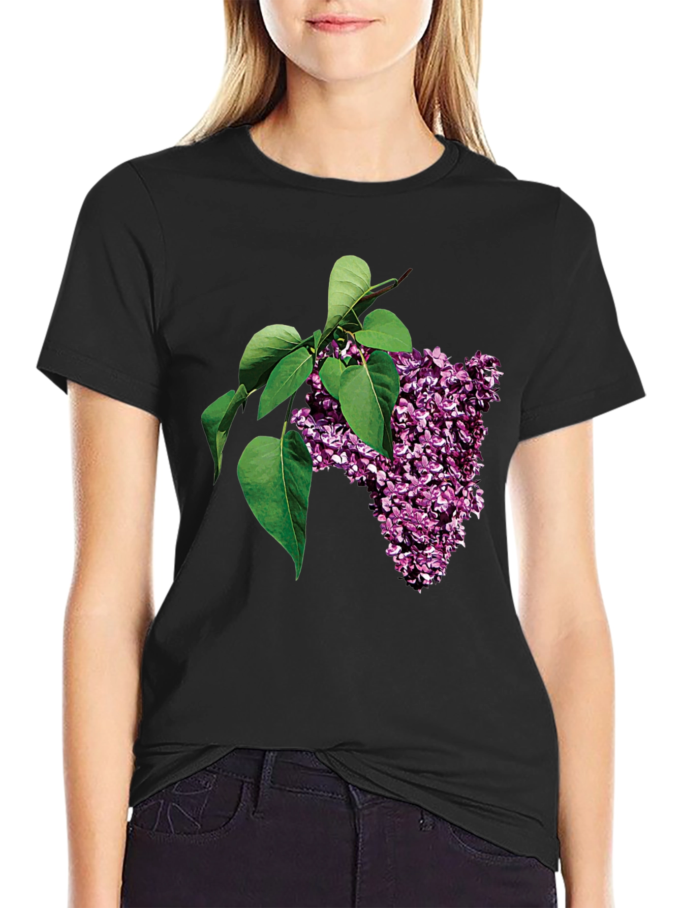 Black Lilac Blossom Graphic Tee - Black Cotton Casual Wear view 2