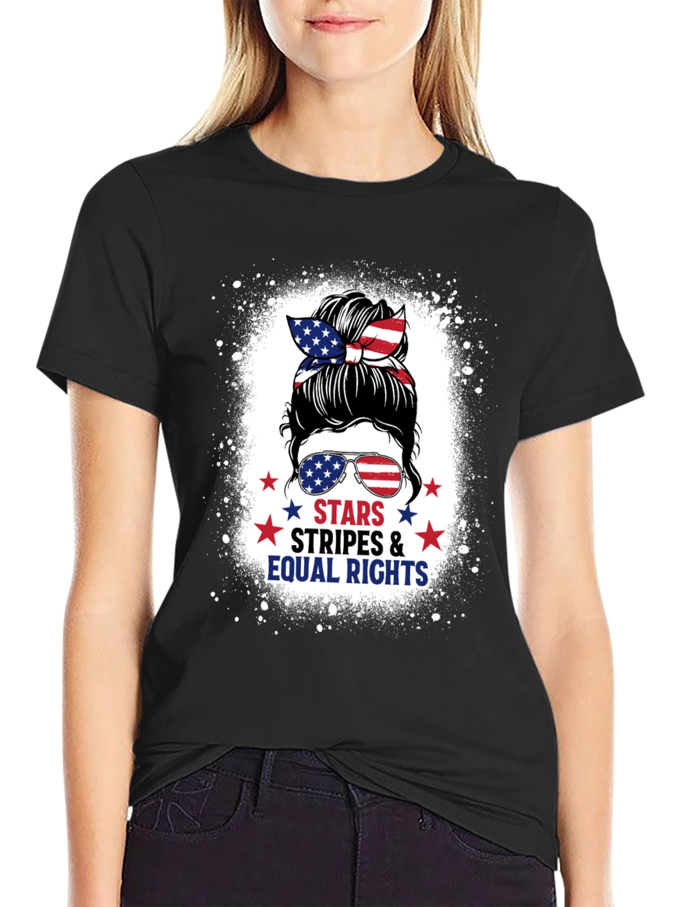 Black Stars Stripes & Equal Rights Messy Bun T-Shirt view 2