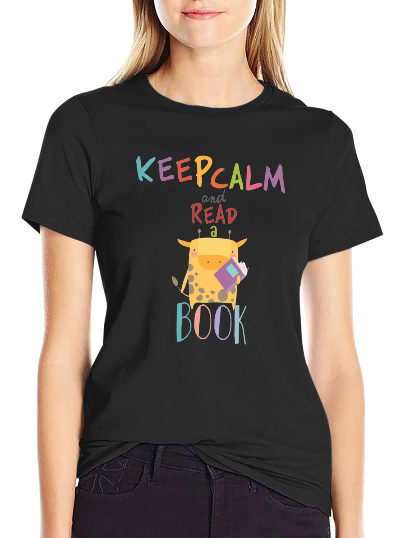 Black Keep Calm Read a Book Giraffe Graphic Tee view 2