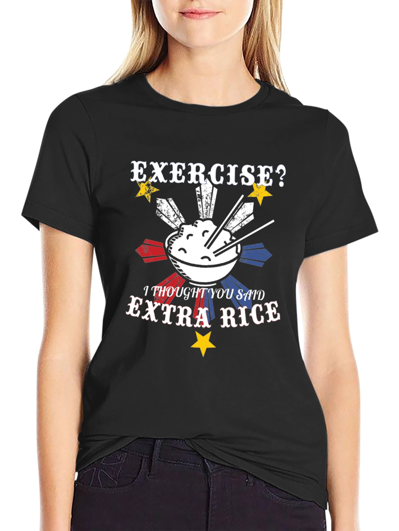 Black Exercise? Extra Rice T-Shirt - Funny Foodie Tee view 2