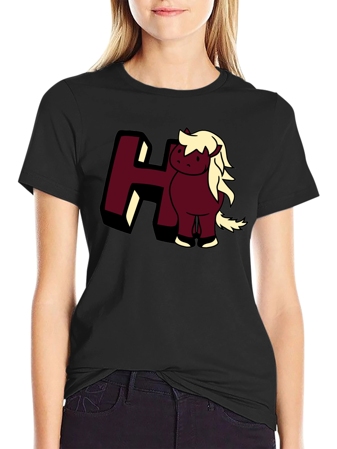 Black Cartoon Horse Tee: Cute Animal Graphic T-Shirt view 2