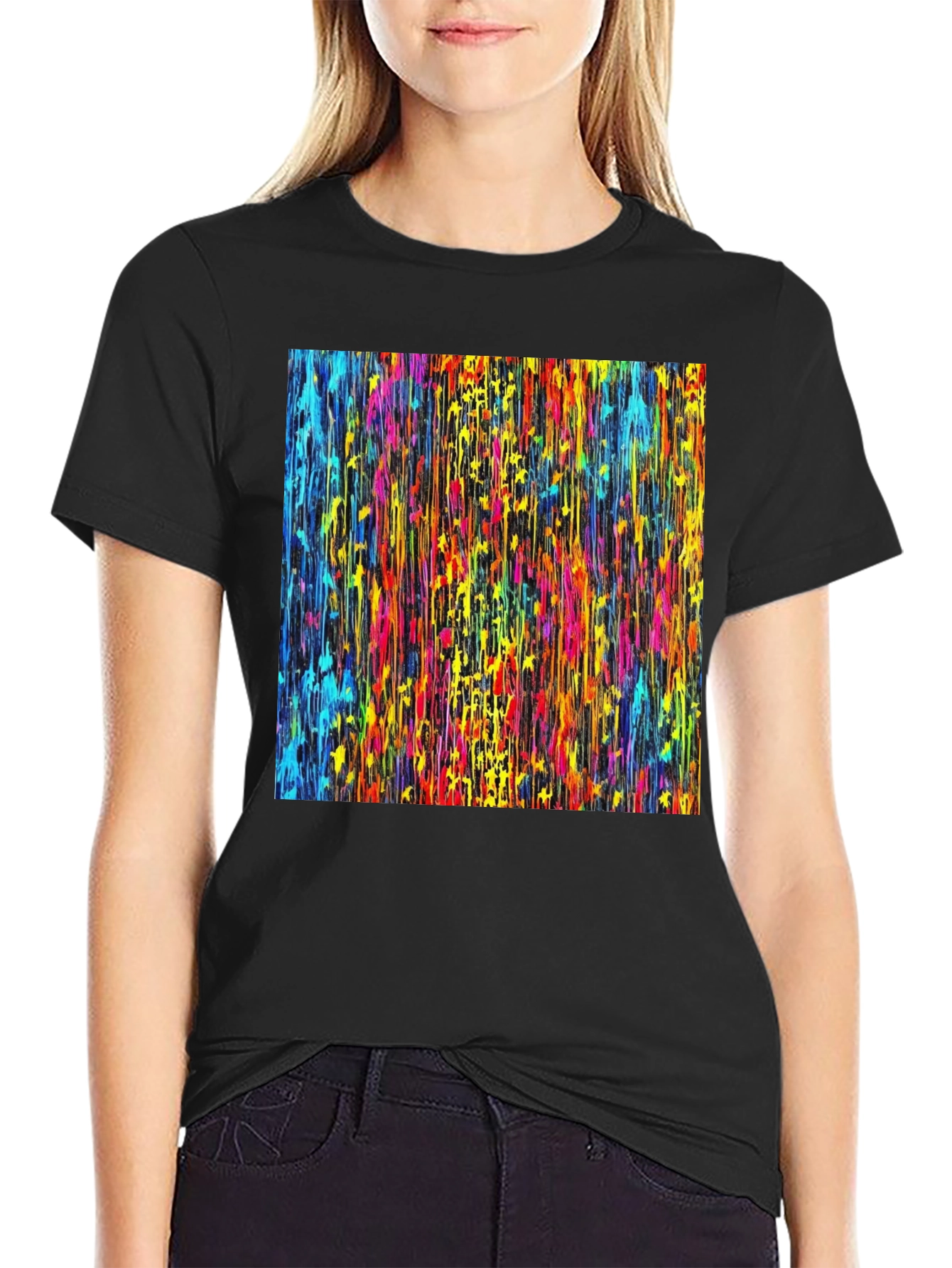 Black Vibrant Dripping Paint Graphic Tee - Artsy Black T-Shirt view 2