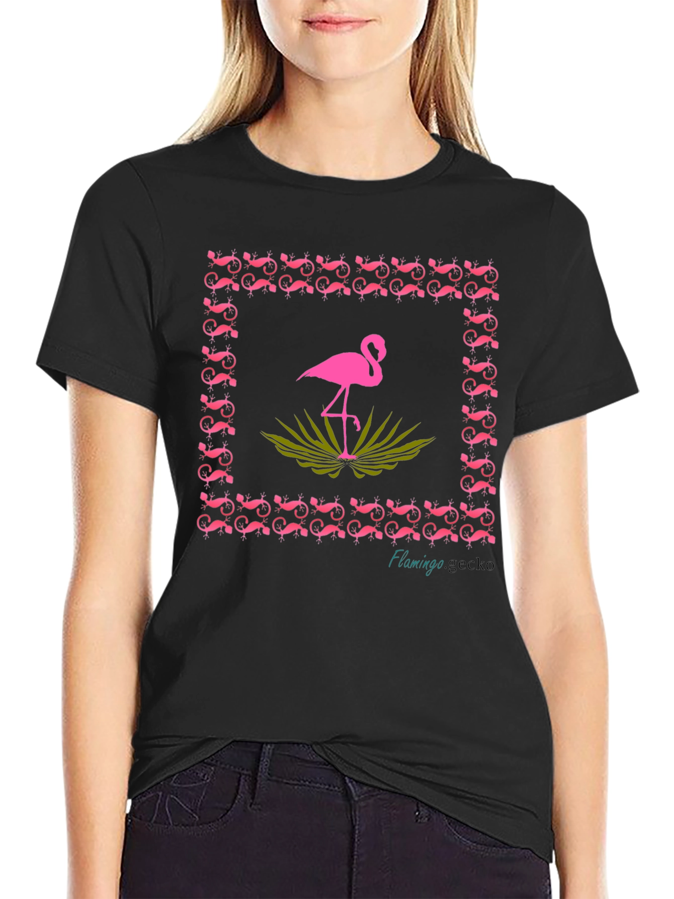 Black Flamingo Gecko Graphic Tee - Stylish Black Cotton T-Shirt view 2