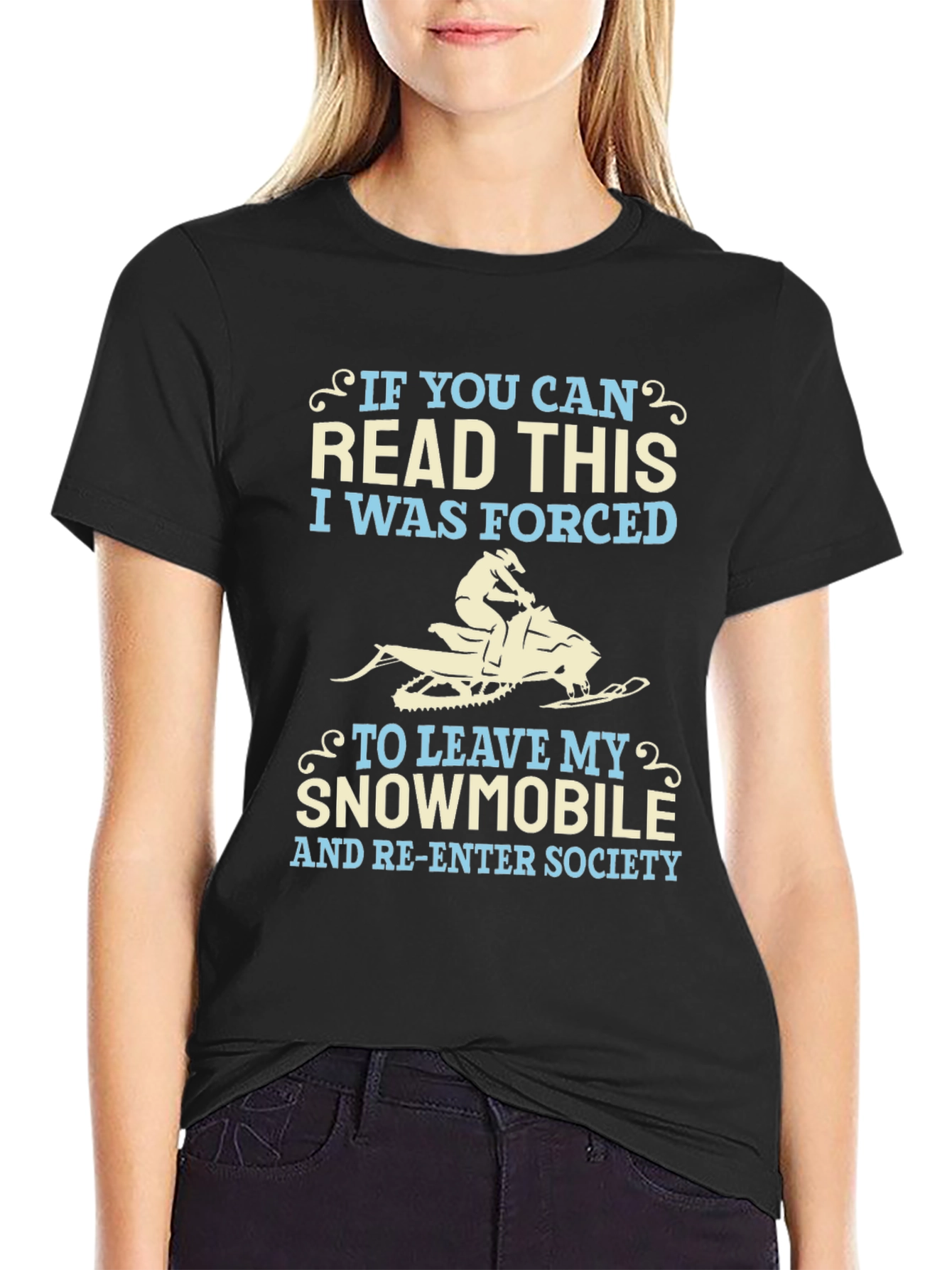 Black Funny Snowmobile T-Shirt - Forced to Re-Enter Society view 2