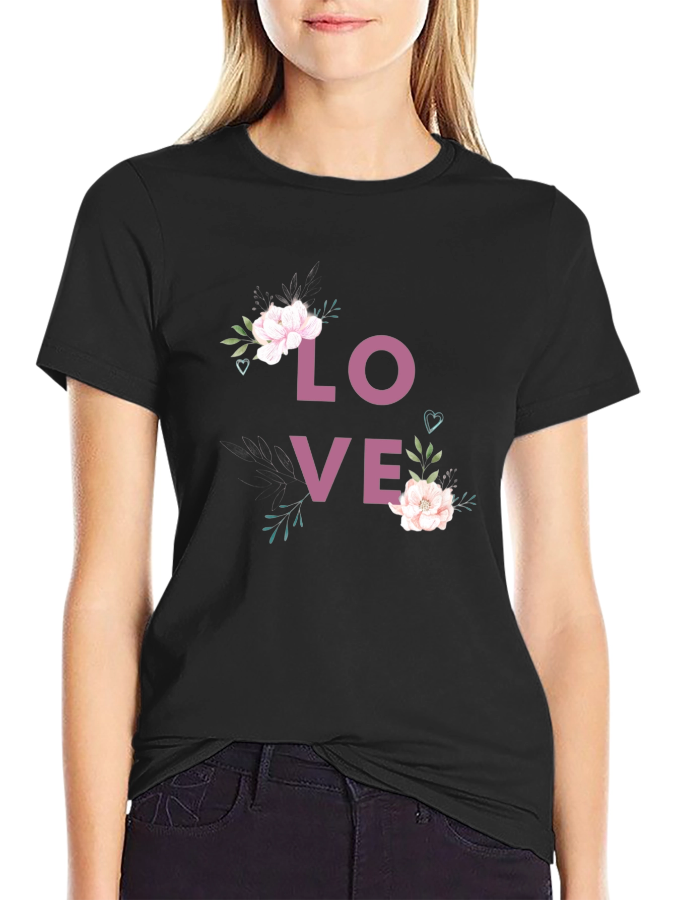 Black Floral LOVE Graphic Print Crew Neck T-Shirt view 2