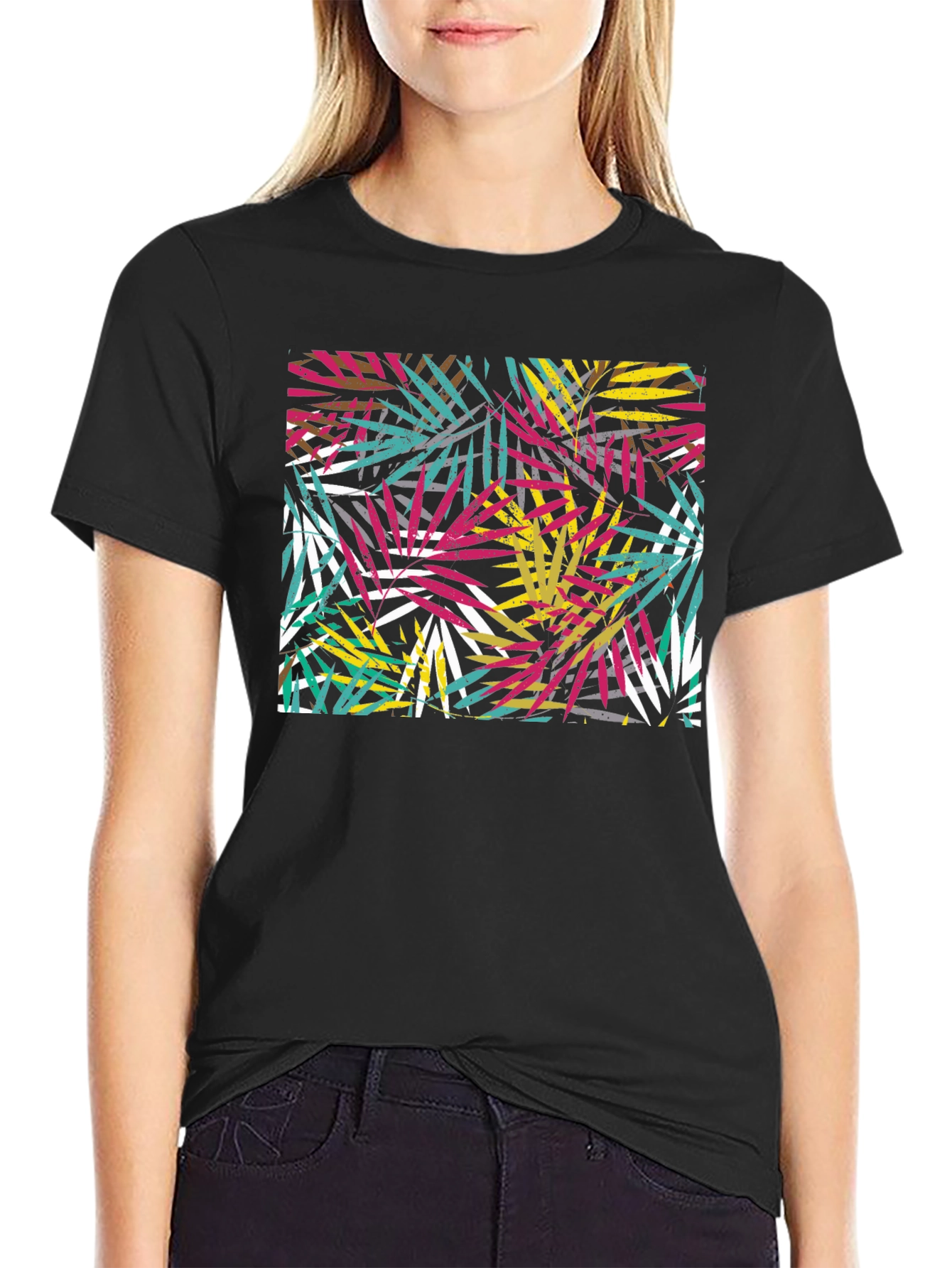 Black Tropical Leaf Print Black T-Shirt view 2