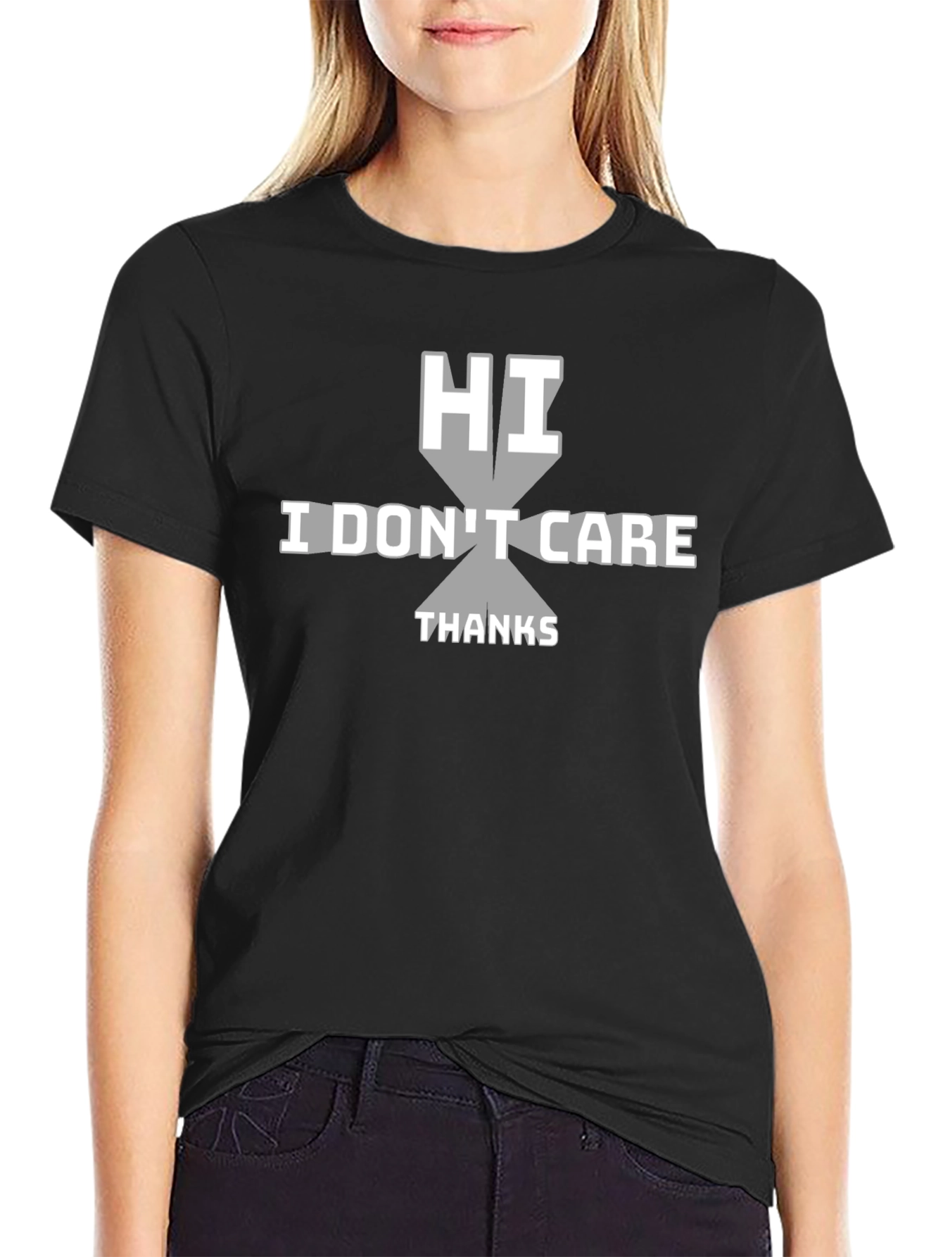 Black Humorous "Hi, I Don't Care" Graphic Tee view 2