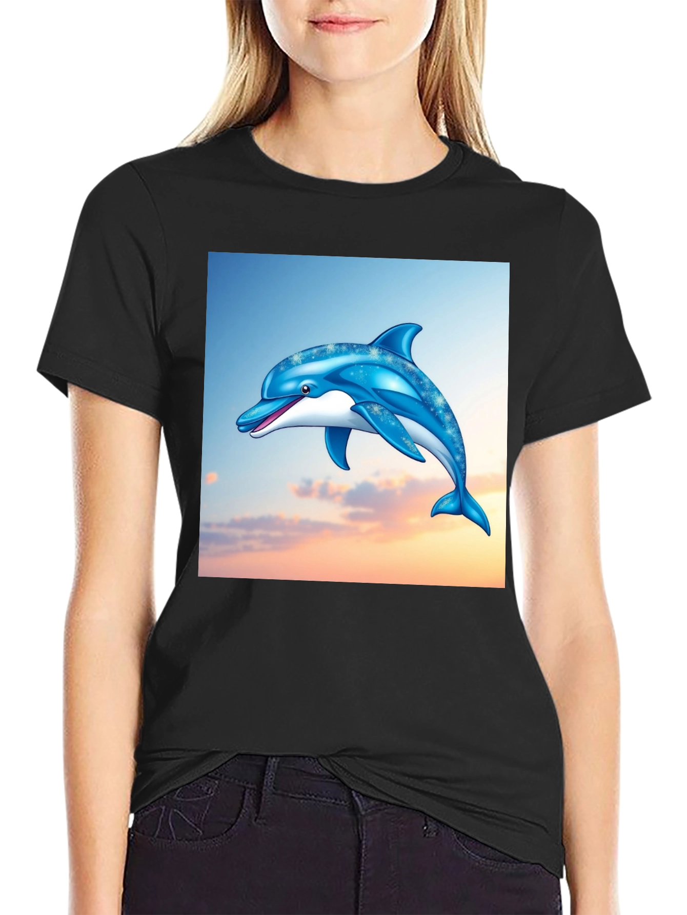Black Dolphin Graphic Print Black T-Shirt view 2