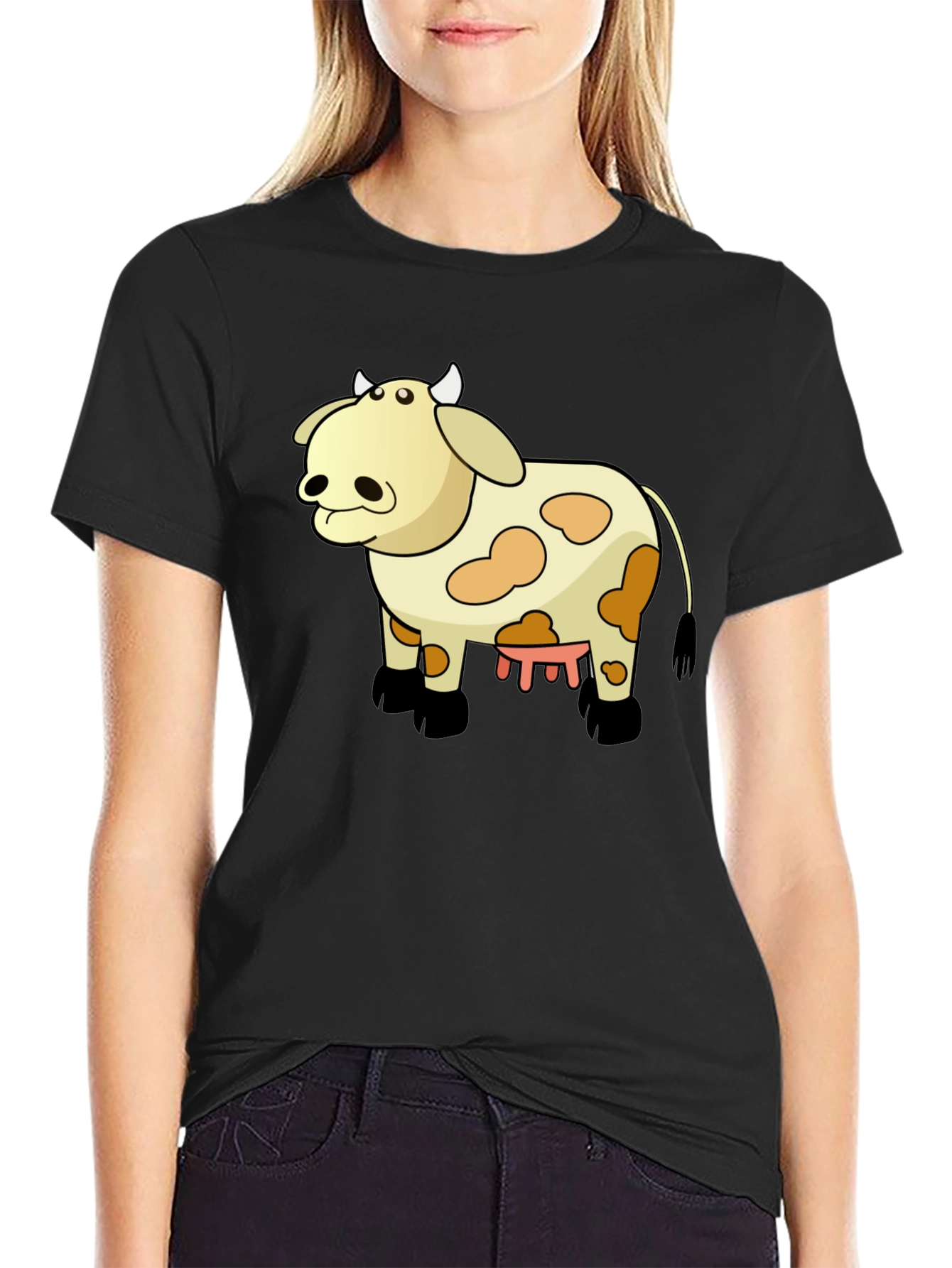 Black Cartoon Cow T-Shirt - Black Cotton Tee view 2