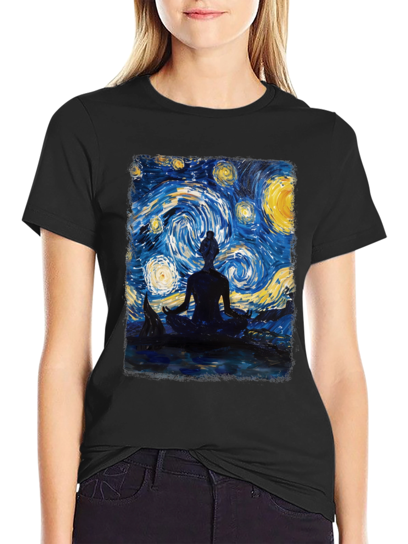 Black Starry Night Meditation T-Shirt view 2