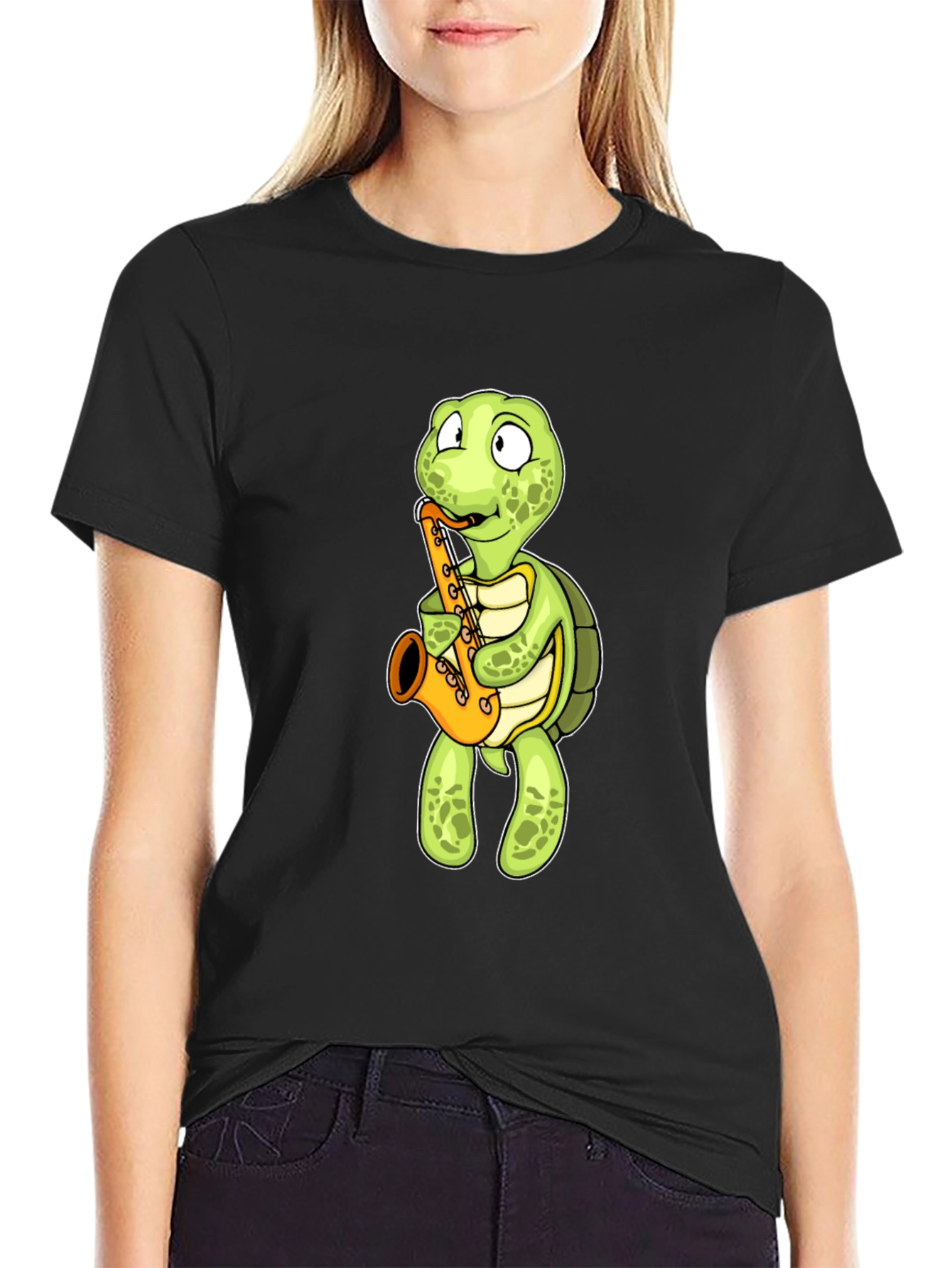 Black Turtle Saxophone T-Shirt - Black Cotton Tee view 2