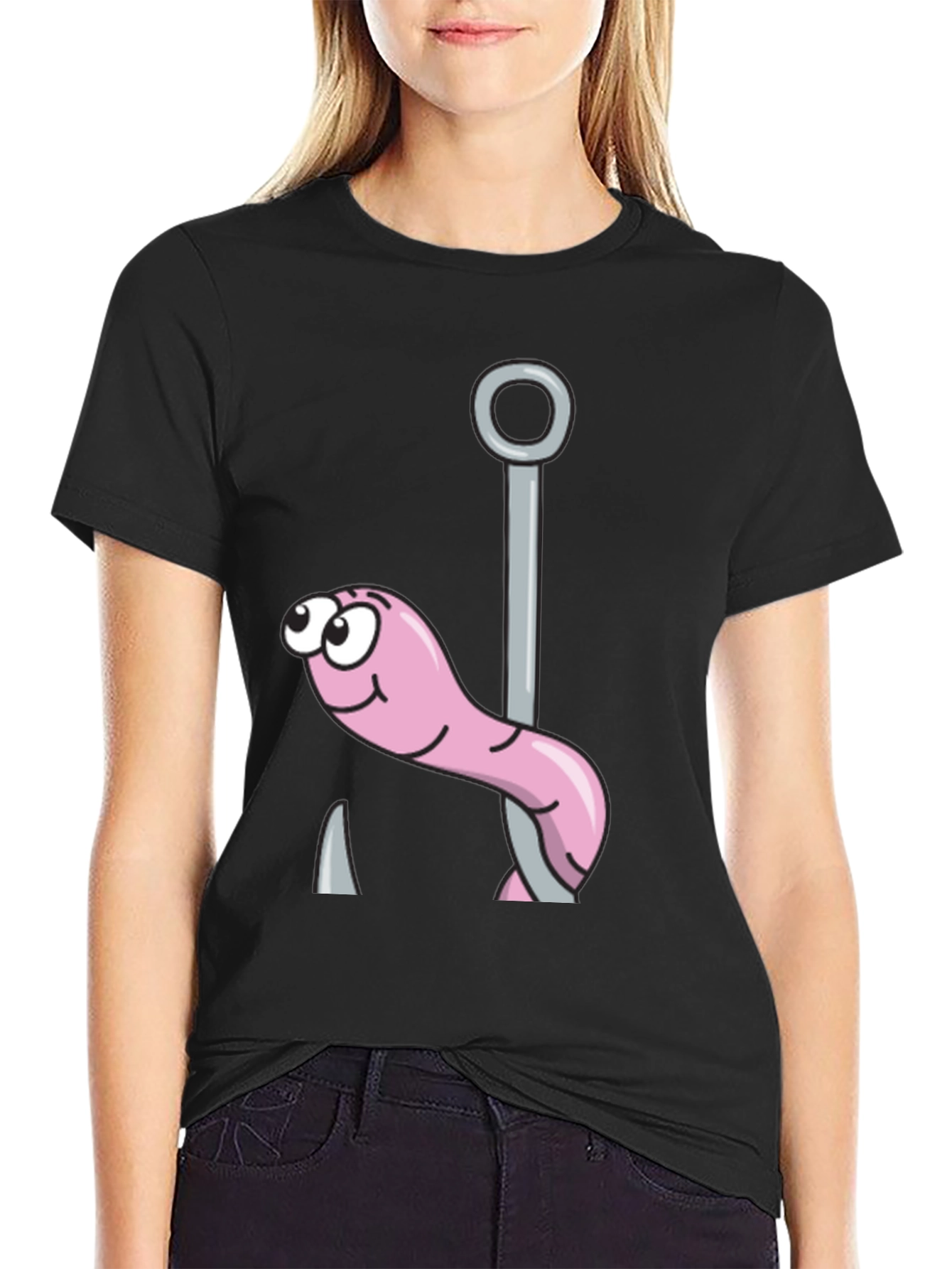 Black Cartoon Worm & Hook Tee view 2
