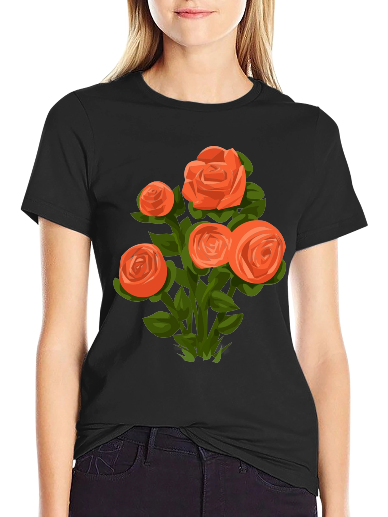 Black Floral Graphic Tee - Orange Rose Bouquet view 2