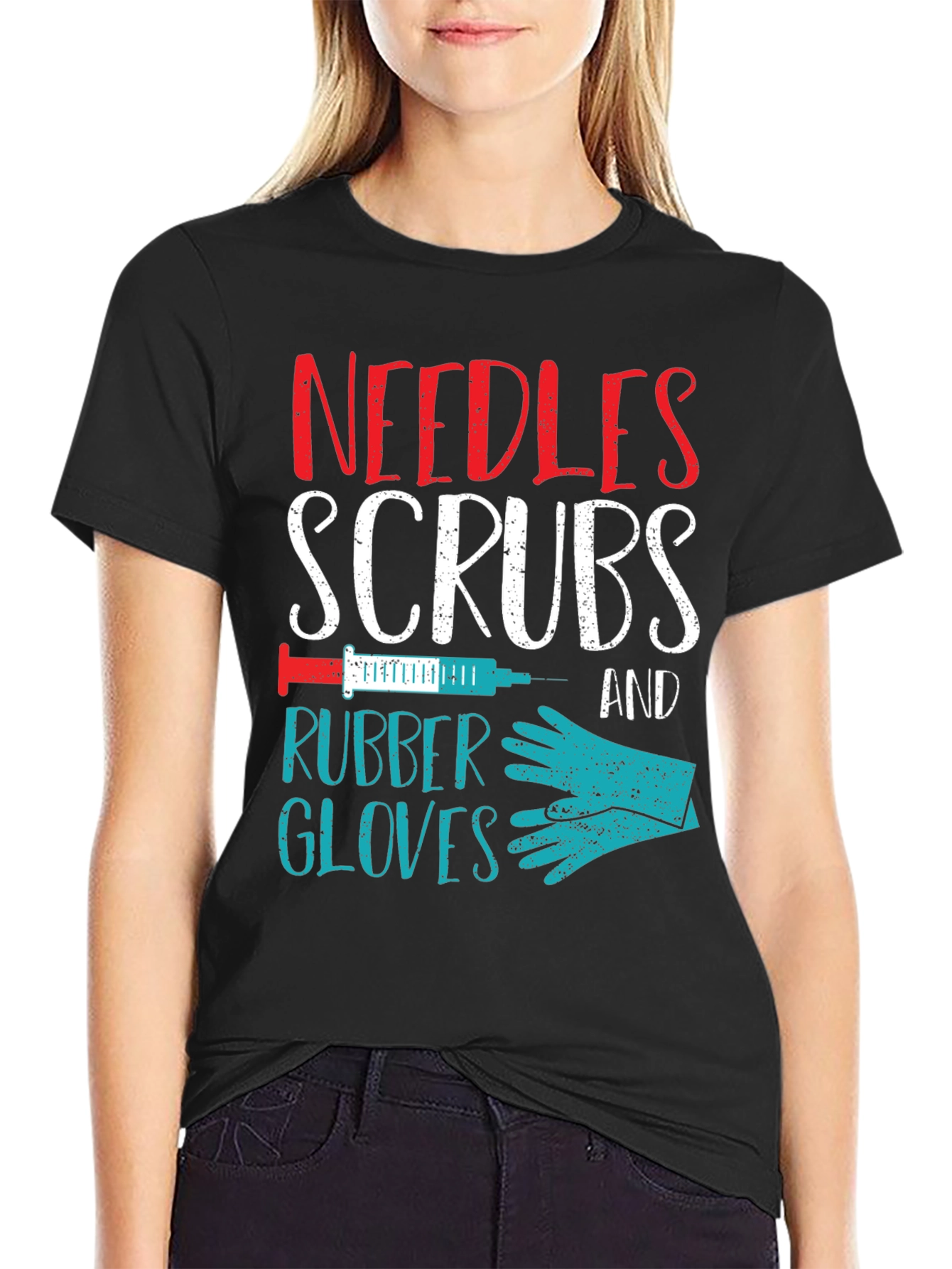 Black Needles Scrubs & Rubber Gloves Nurse T-Shirt view 2