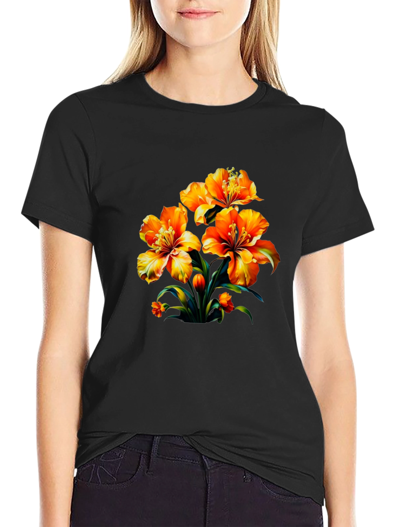 Black Floral Print Black Casual T-Shirt view 2