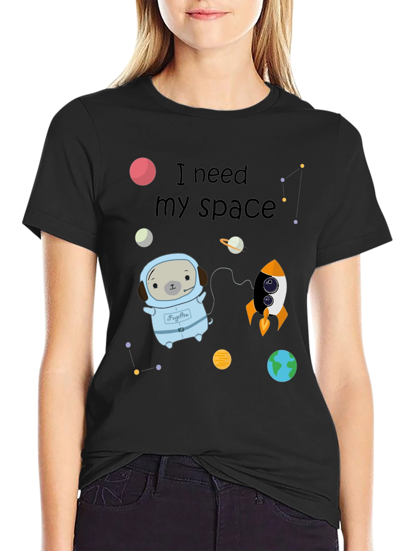 Black I Need My Space Pug Black T-Shirt view 2