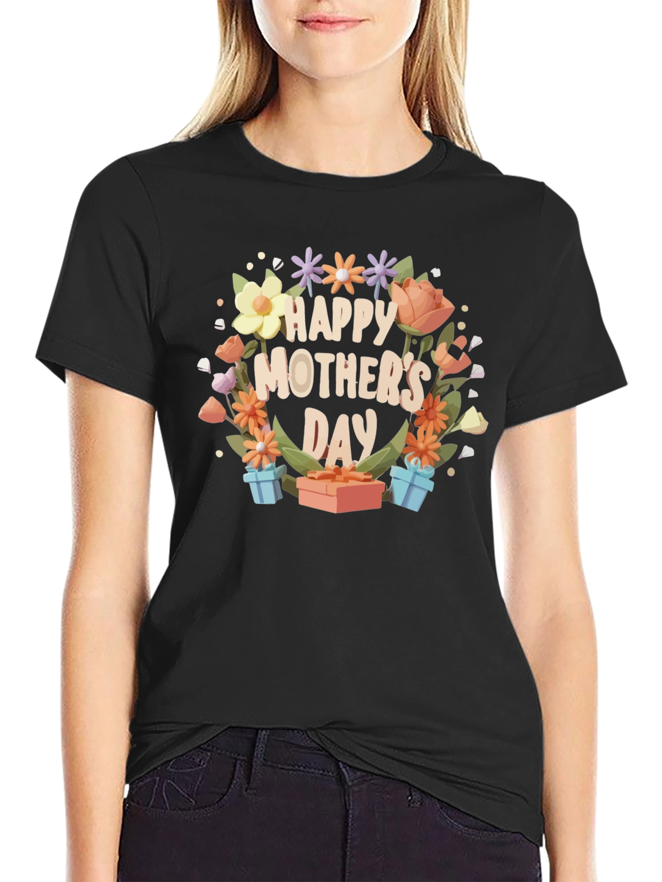 Black Happy Mother's Day Floral T-Shirt view 2