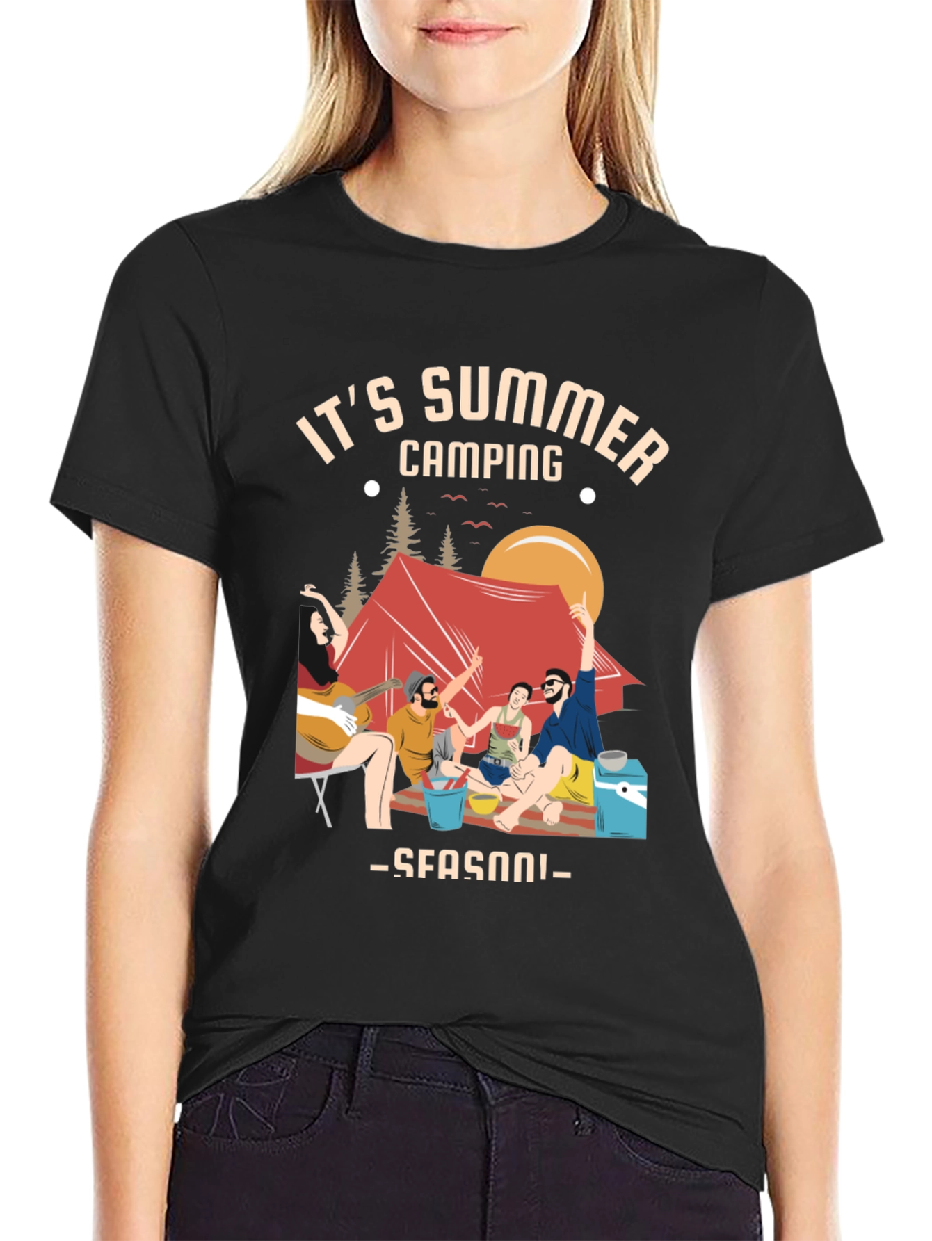 Black Summer Camping Graphic Tee - Black Unisex T-Shirt view 2