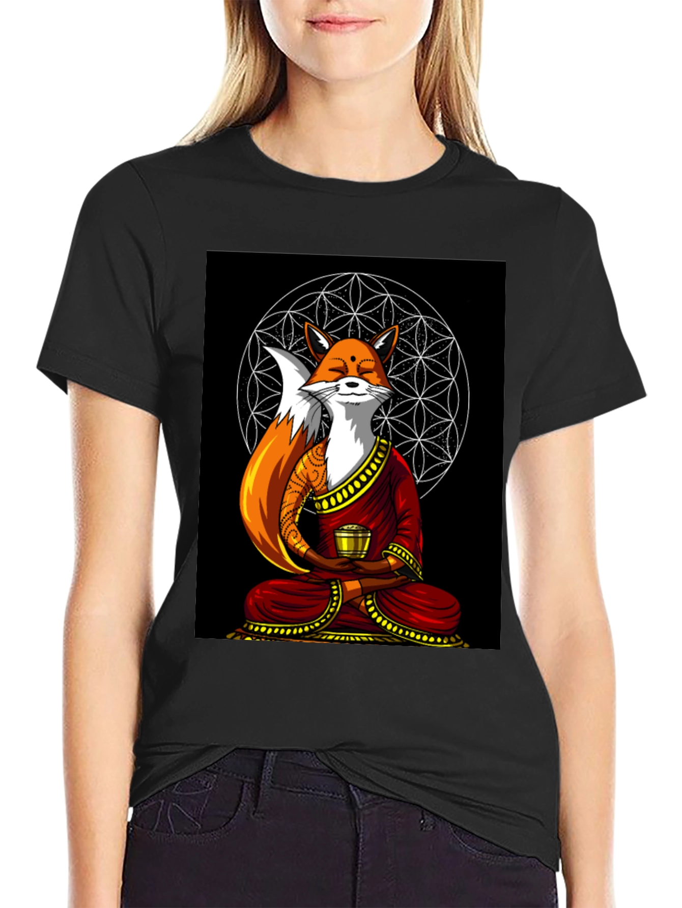 Black Zen Fox T-Shirt - Meditating Design view 2