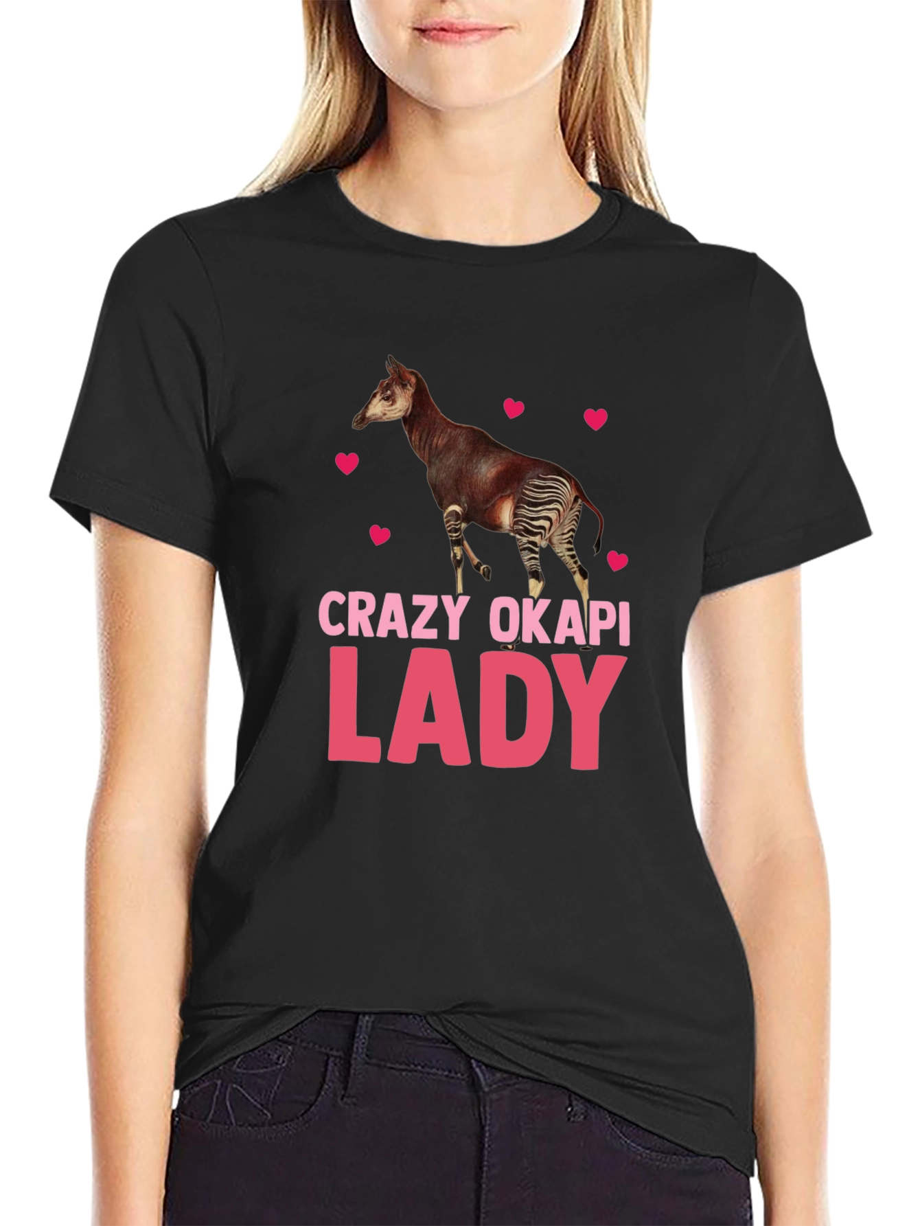 Black Crazy Okapi Lady T-Shirt - Animal Lover Tee view 2