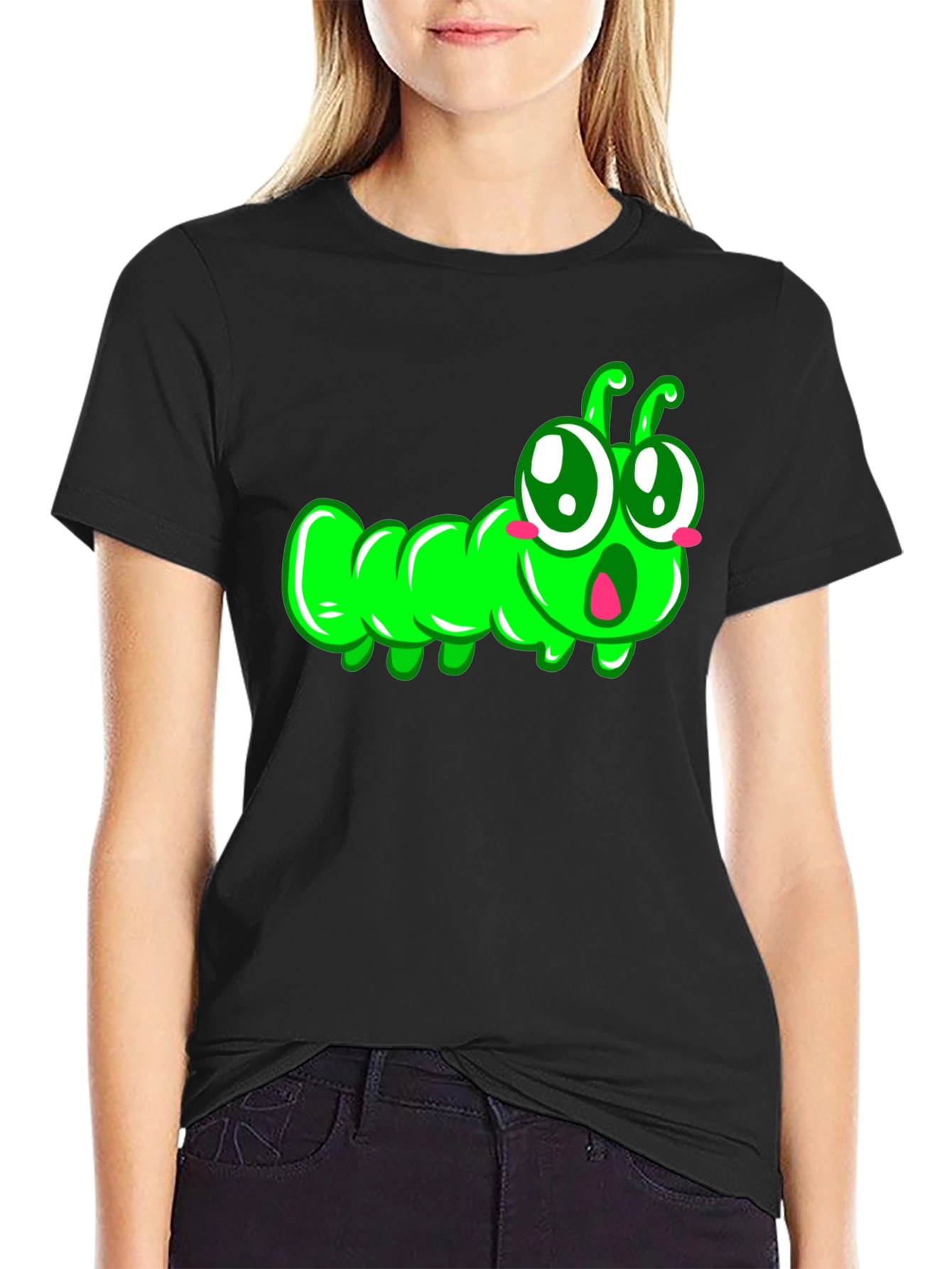 Black Cute Cartoon Caterpillar T-Shirt view 2