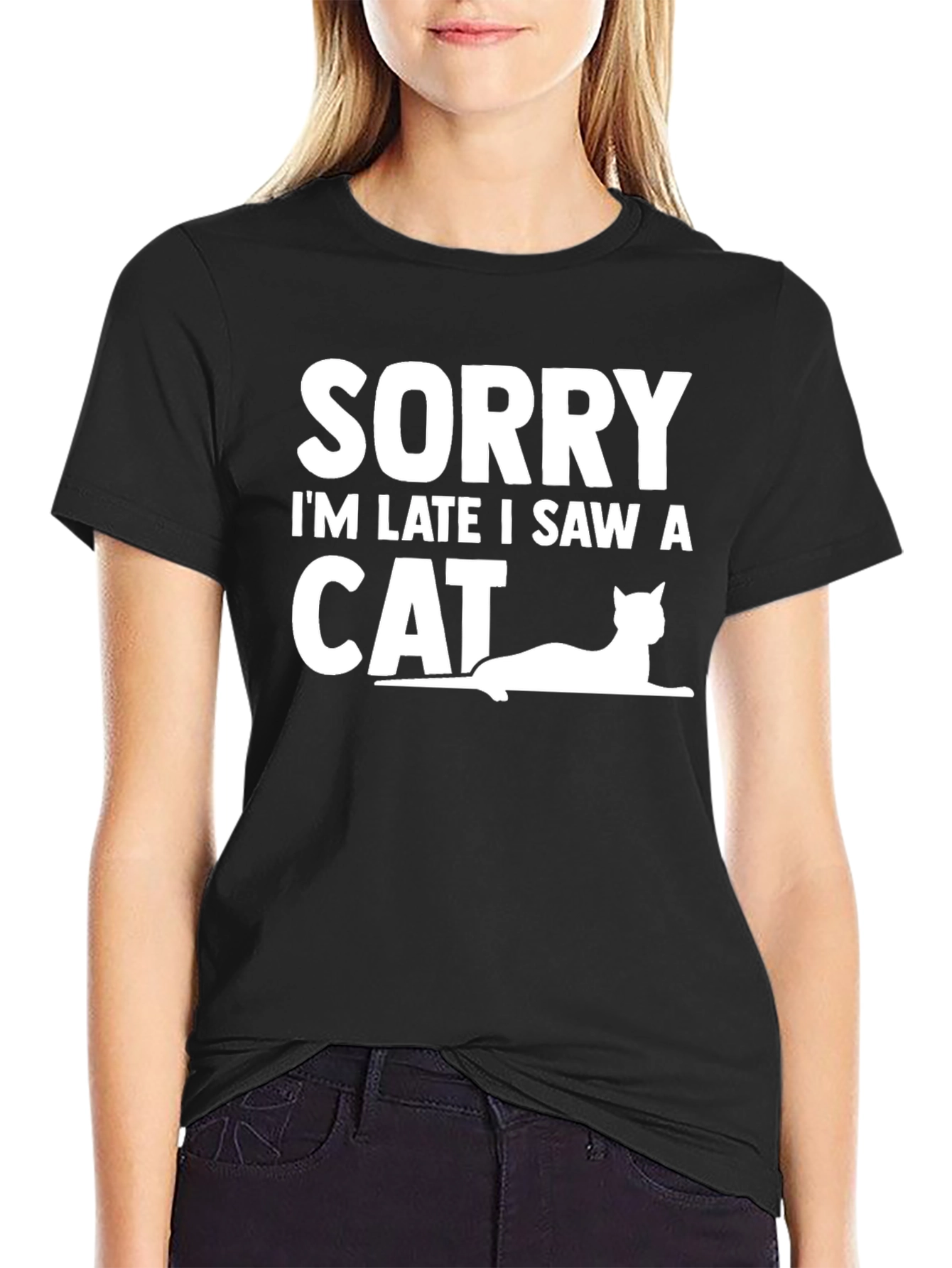 Black Funny Cat Lover T-Shirt - Sorry I'm Late view 2