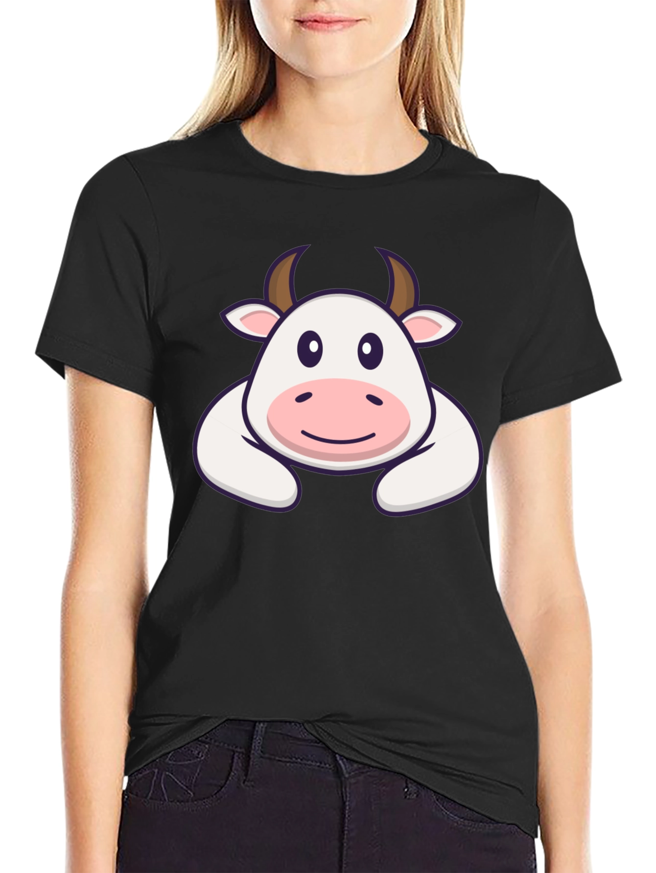 Black Cute Cartoon Cow Graphic T-Shirt - Black view 2