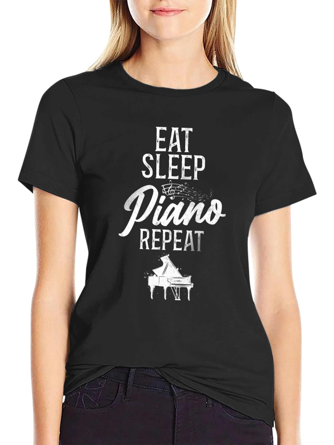 Black Eat Sleep Piano Repeat Graphic T-Shirt view 2