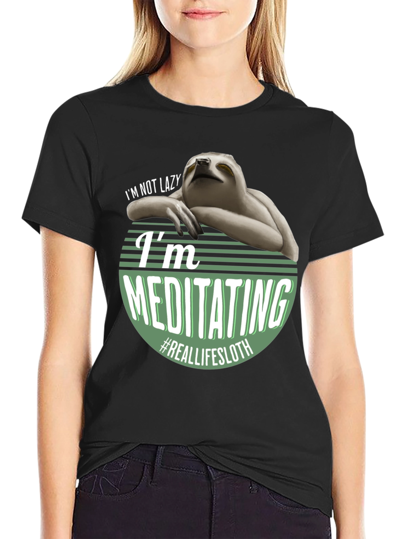 Black Funny Sloth Meditating T-Shirt - Real Life Sloth view 2