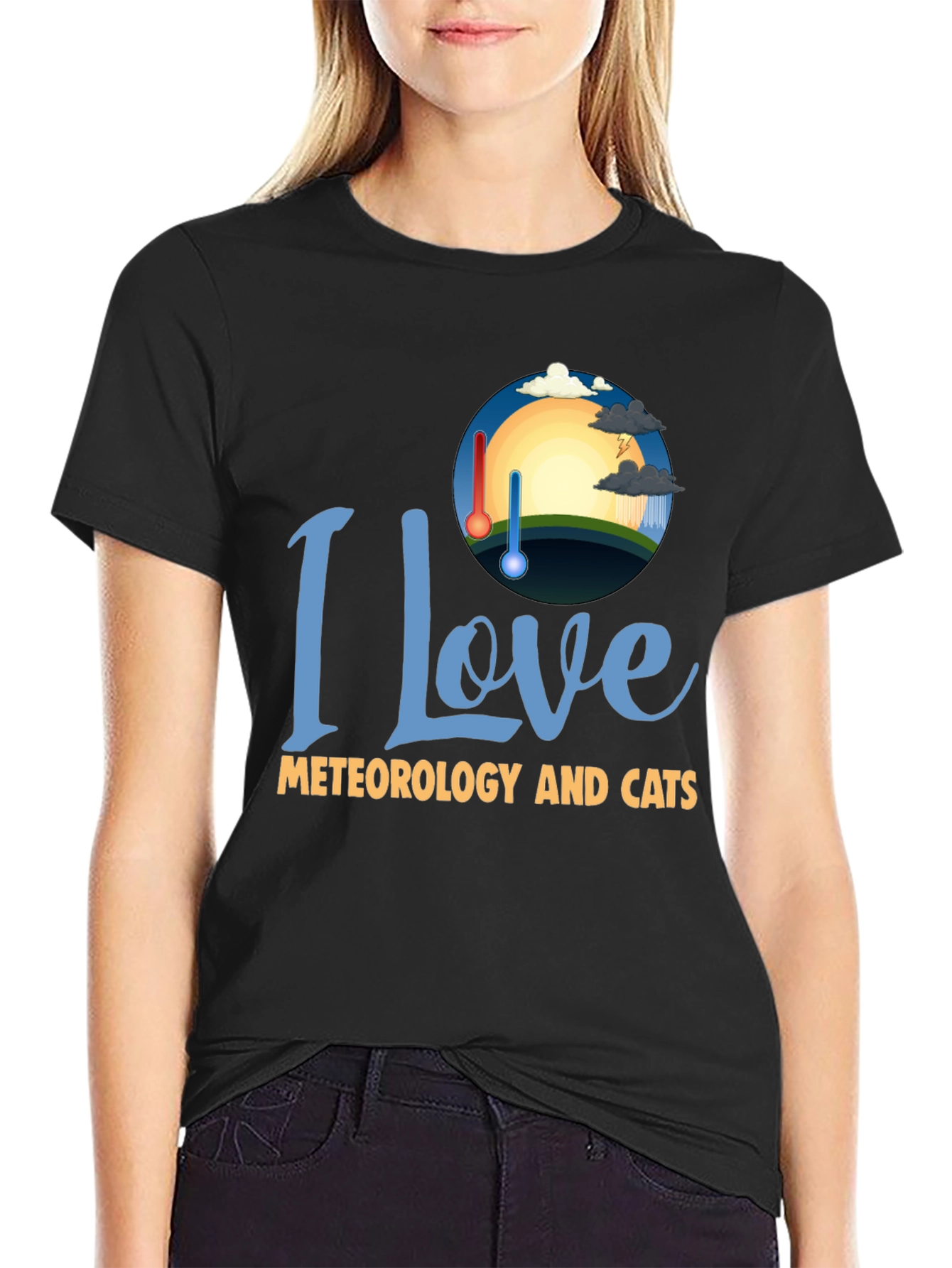 Black I Love Meteorology and Cats T-Shirt view 2
