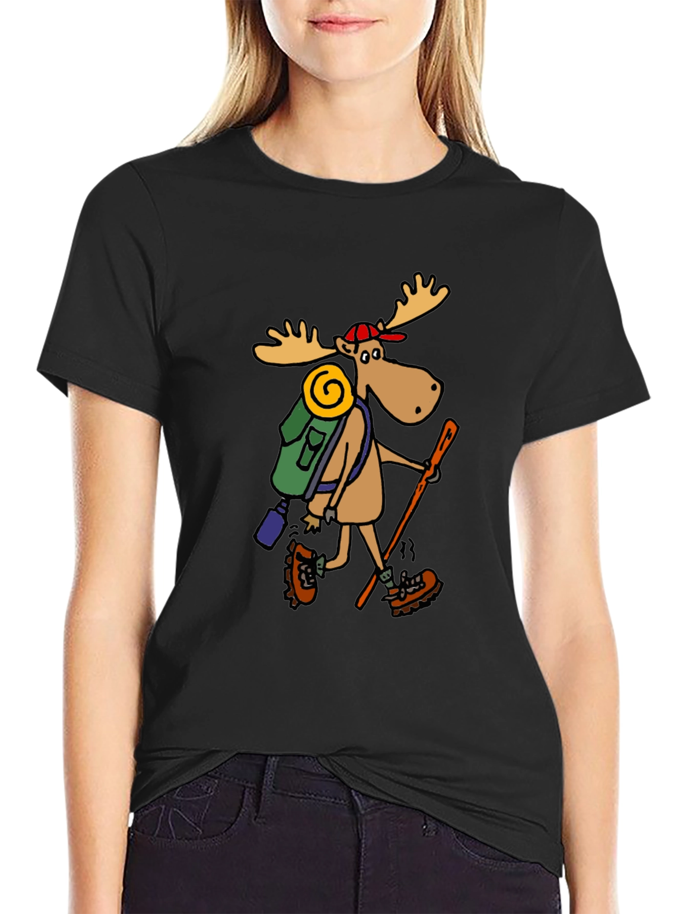 Black Hiking Moose Graphic Tee - Black Cotton T-Shirt view 2