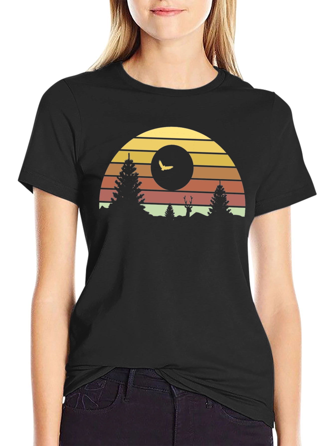 Black Retro Sunset Forest Graphic Tee view 2
