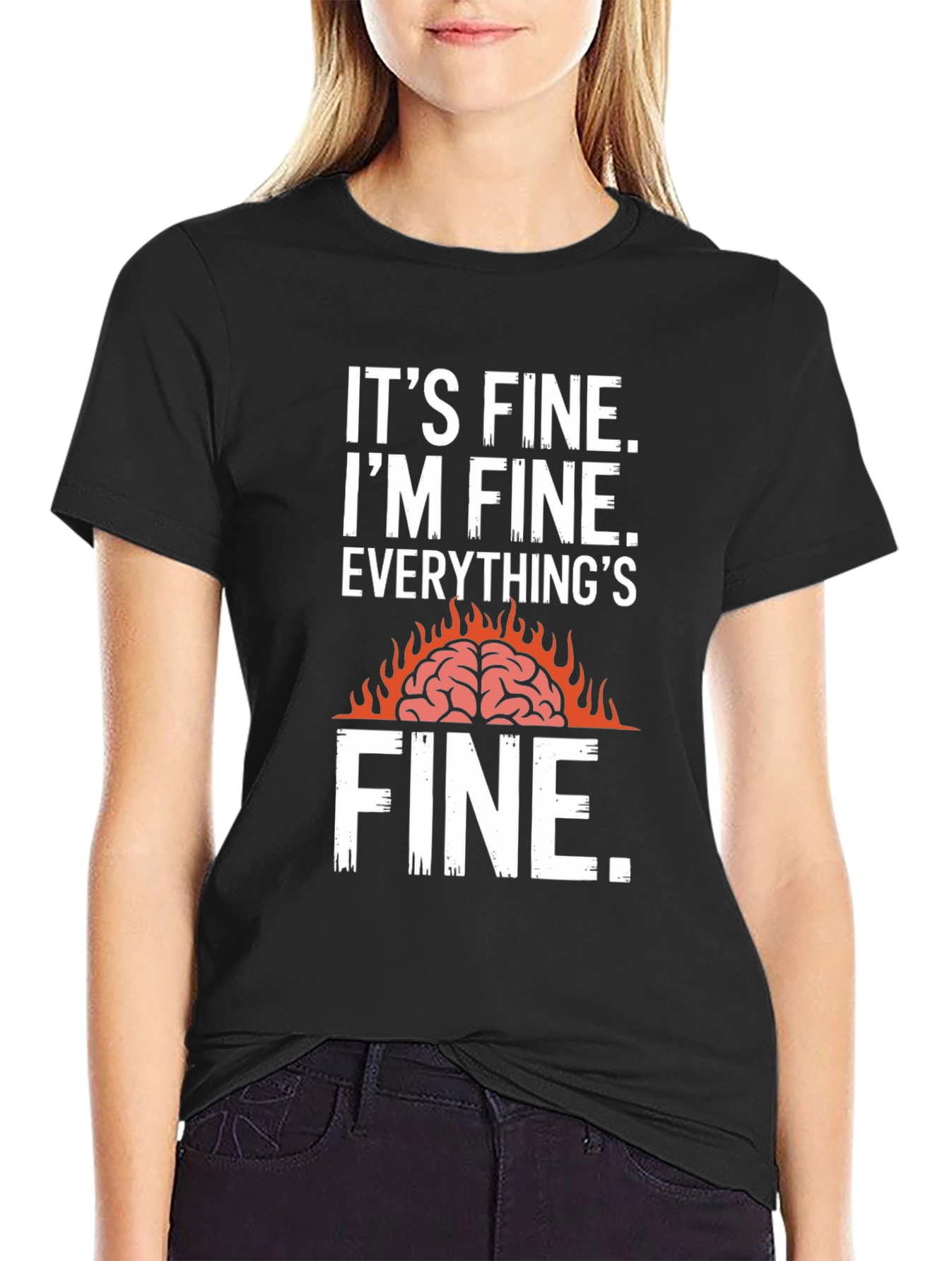 Black It's Fine Burning Brain Graphic T-Shirt view 2