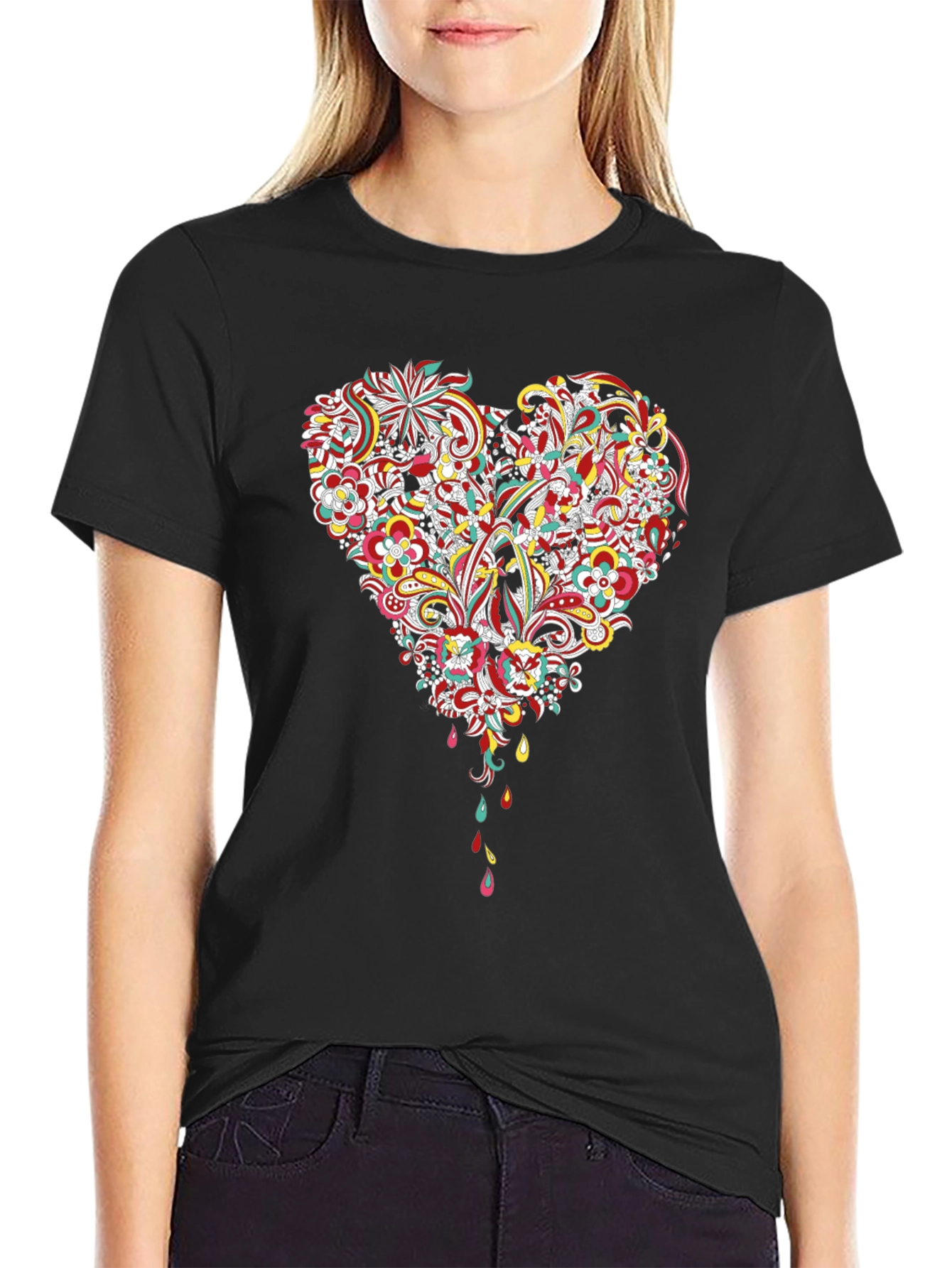 Black Floral Heart Graphic Black T-Shirt view 2