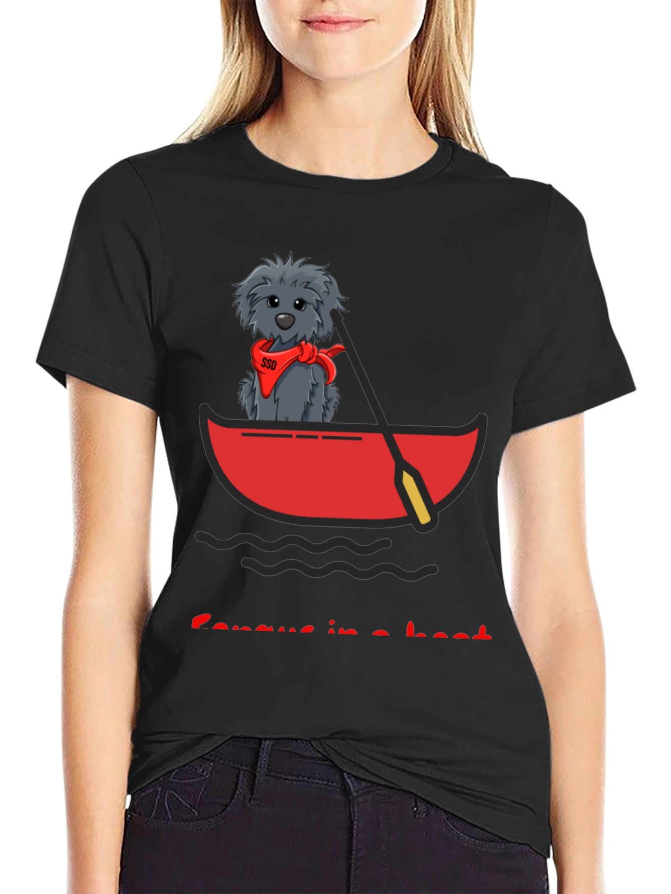 Black Dog in Boat T-Shirt - Cartoon Graphic Tee view 2