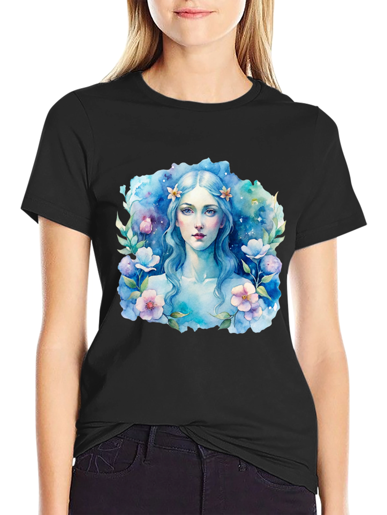 Black Floral Watercolor Woman Graphic Tee - Black T-Shirt view 2