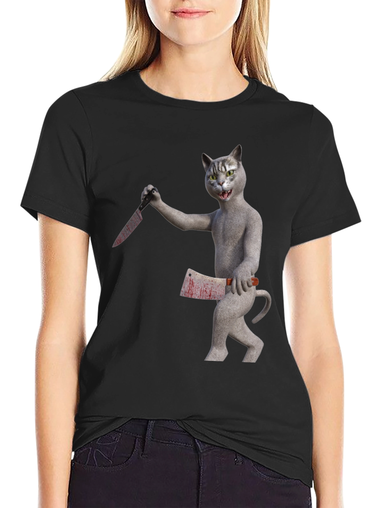 Black Killer Cat T-Shirt - Funny Graphic Tee view 2
